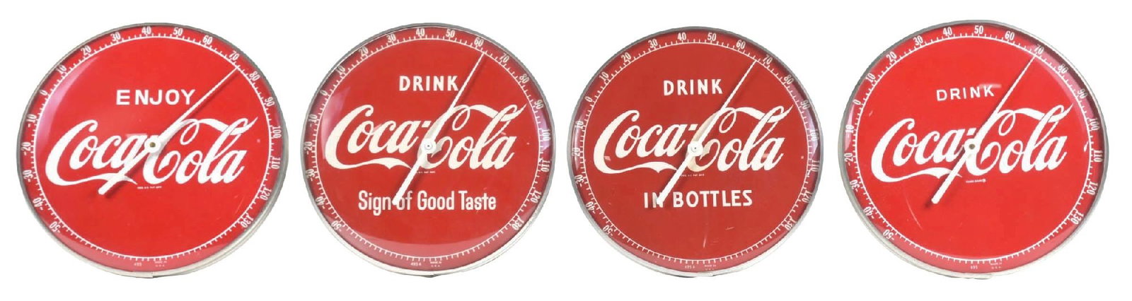 COLLECTION OF 4: COCA-COLA THERMOMETERS: A nice instant collection of all four versions of this style thermometer from Coca-Cola including the "Drink," "In Bottles," "Sign of Good Taste," and "Enjoy" versions. CONDITION: Each of these