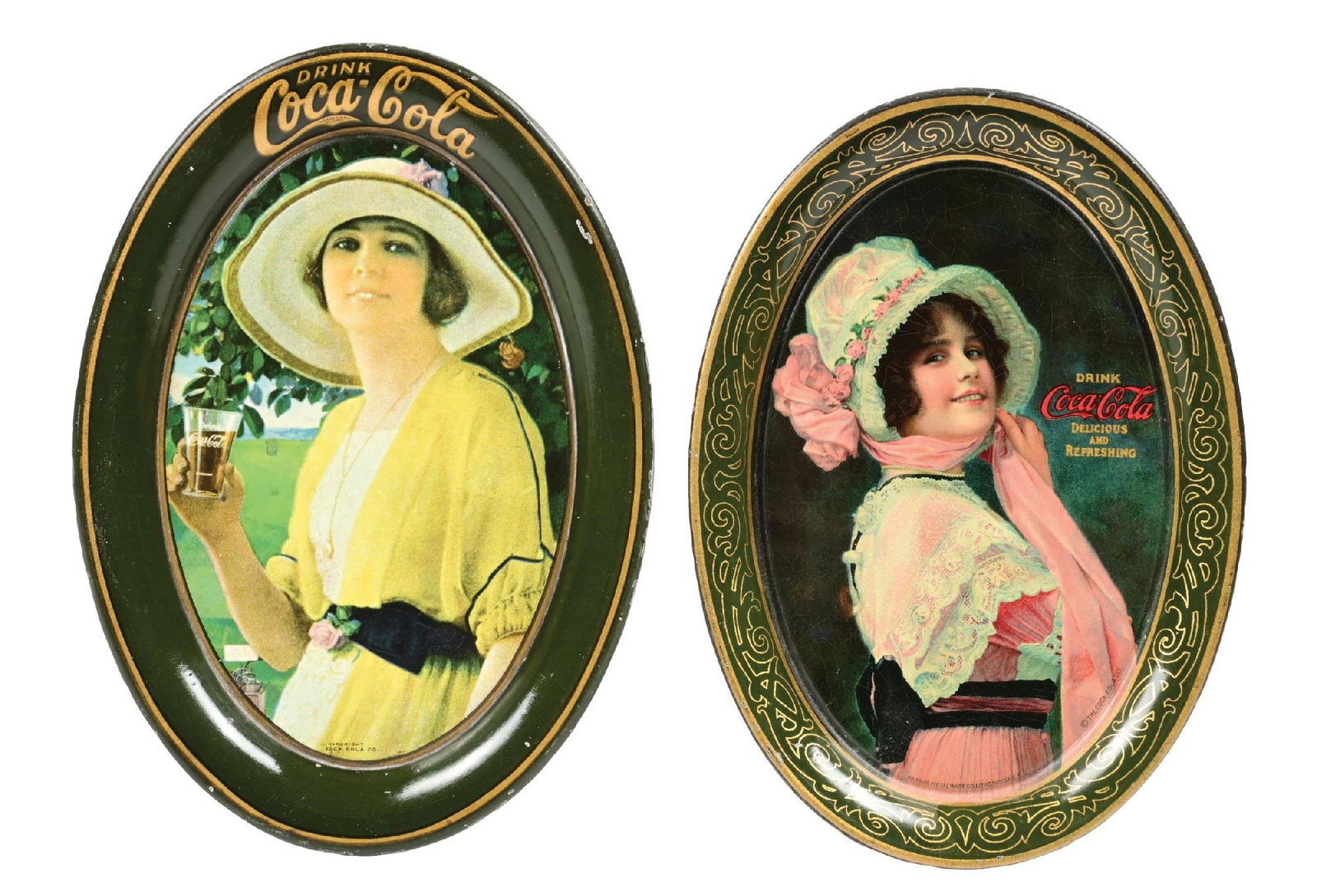 COLLECTION OF 2: 1914 & 1920 COCA-COLA TIP TRAYS: A nice collection of two Coca-Cola tip trays from 1914 and 1920. CONDITION: Both retain good color and shine in the field, with minor wear to the outer rims. Condition: (8.9). Dimensions: Each: 6 -