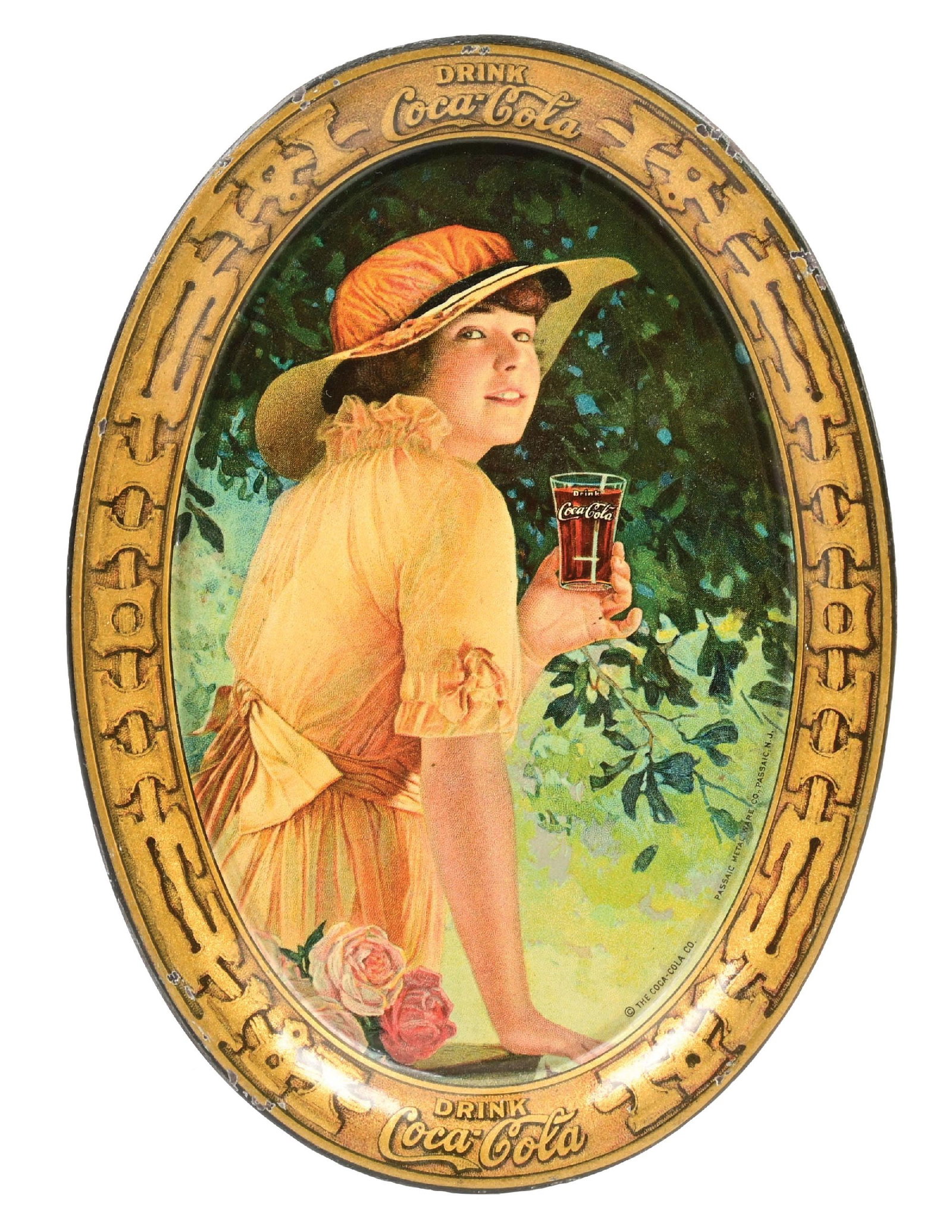 1916 COCA-COLA TIP TRAY: A nice example of this c. 1916 tip tray from Coca-Cola featuring "Elaine." CONDITION: The tray remains in nice condition with a few chips around the outer perimeter. Condition: (8.9). Dimensions: 6" x