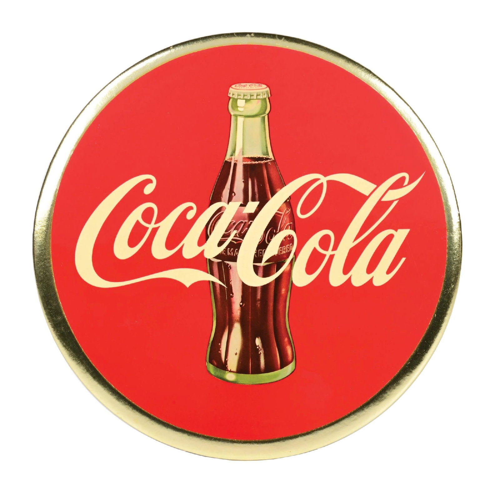 COCA-COLA CELLULOID DISC SIGN W/ BOTTLE GRAPHIC: This c. 1950s single-sided celluloid over cardboard sign from Coca-Cola features the iconic script logo with a nice bottle graphic. CONDITION: This is a NOS example with no damage to report. The
