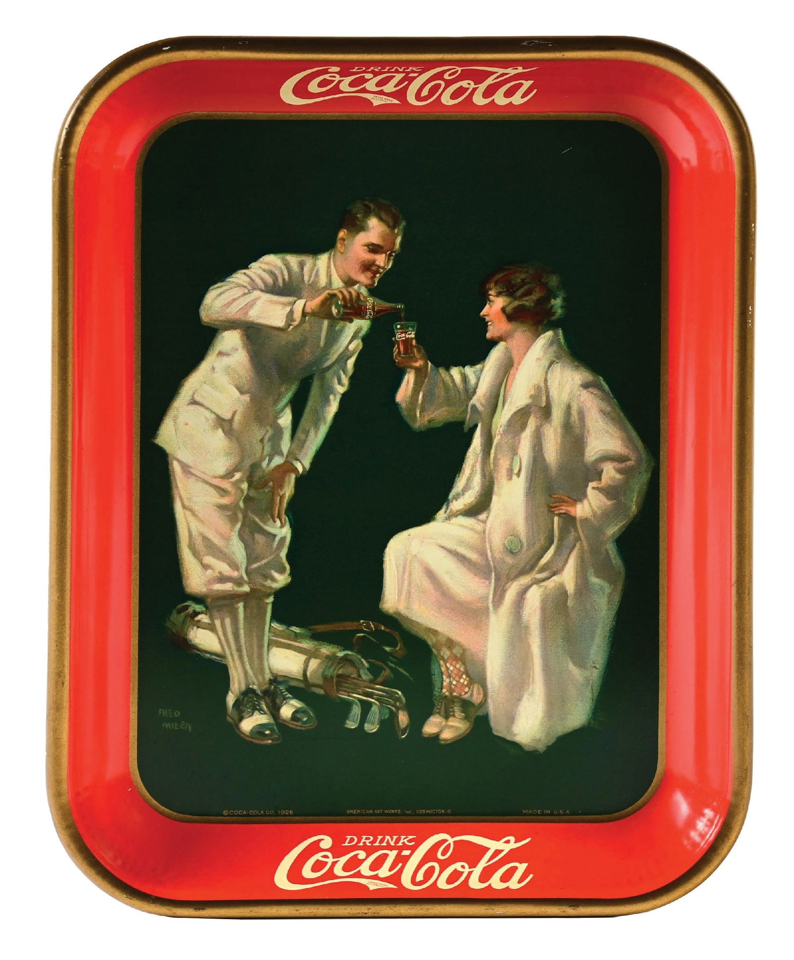 COCA-COLA TRAY W/ THE GOLFERS GRAPHIC: A nice example of this 1926 serving tray from Coca-Cola featuring the script logo and a nice golfer couple graphic. CONDITION: The tray remains clean and glossy with only a few light surface