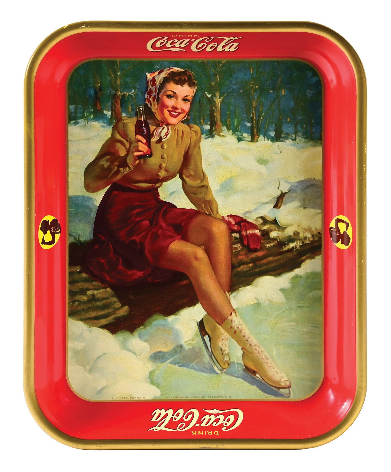 COCA-COLA SERVING TRAY W/ SKATER GIRL GRAPHIC: A nice example of this 1941 serving tray from Coca-Cola featuring the script logo and nice woman graphic. CONDITION: The tray remains clean and glossy with only a few light surface scratches to the gl