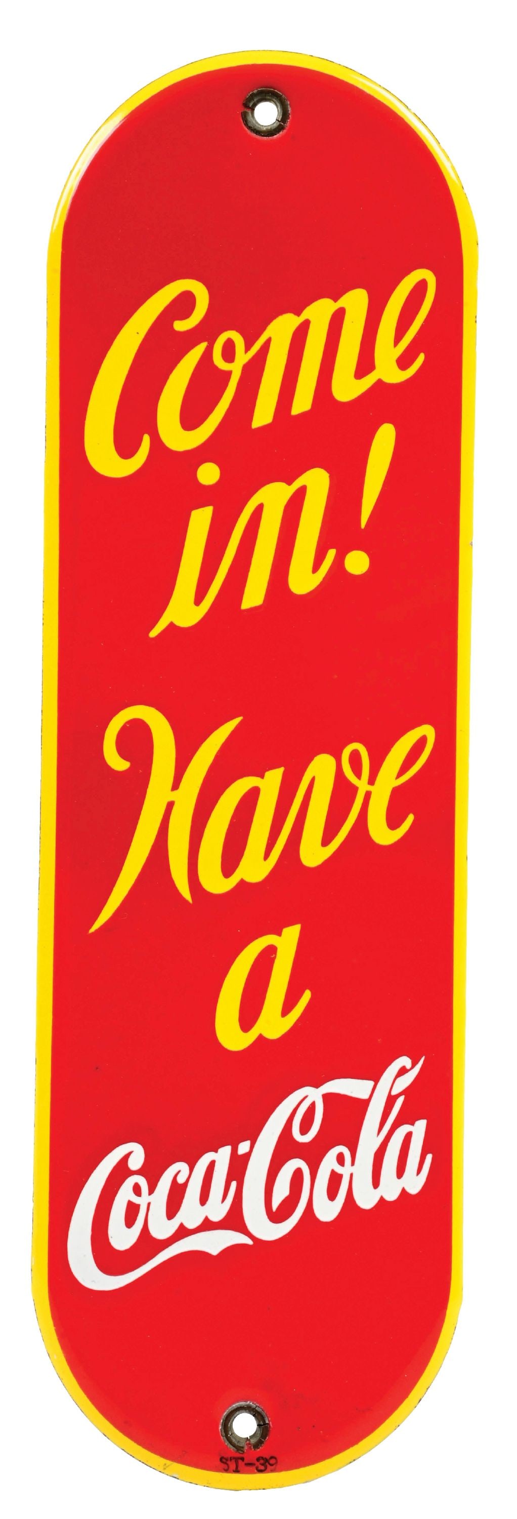 COME IN! HAVE A COCA-COLA PALM PRESS SIGN: SSP. Maker Marked "ST-39". A nice example of this c. 1939 single- sided porcelain palm press sign from Coca-Cola. CONDITION: The sign remains in wonderful condition with no damage to report. The two g