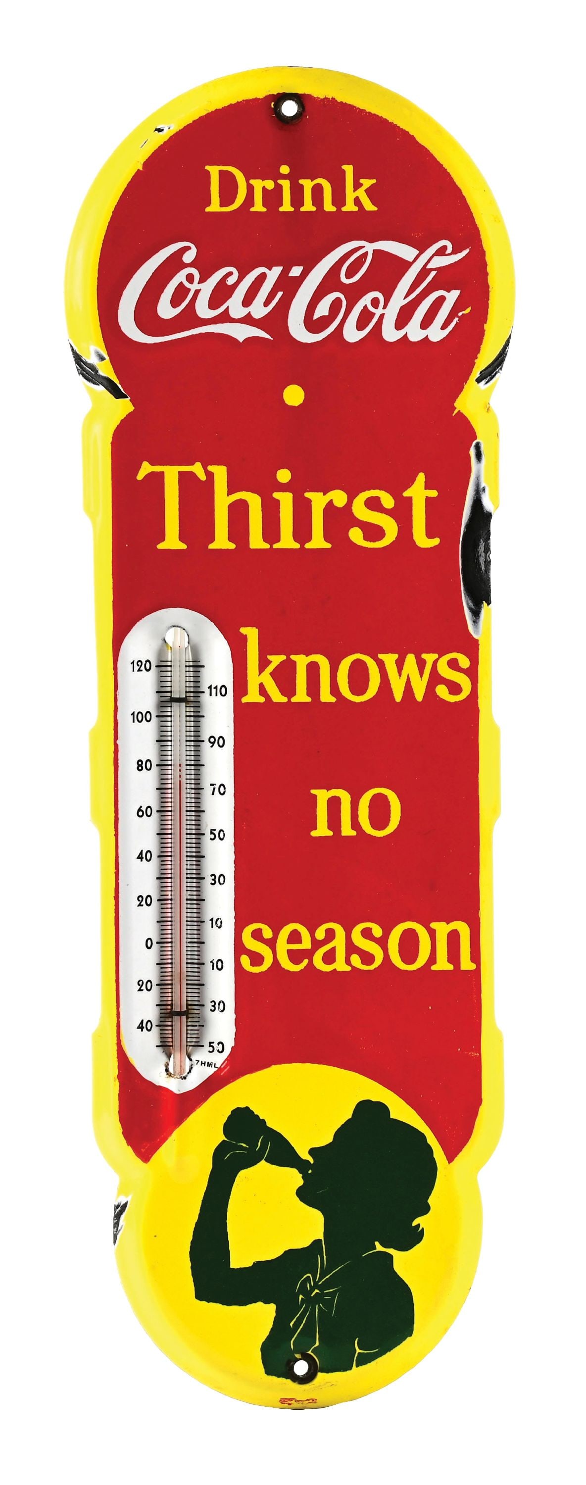 COCA-COLA "THIRST KNOWS NO SEASON" PORCELAIN THERMOMETER (1 of 2)