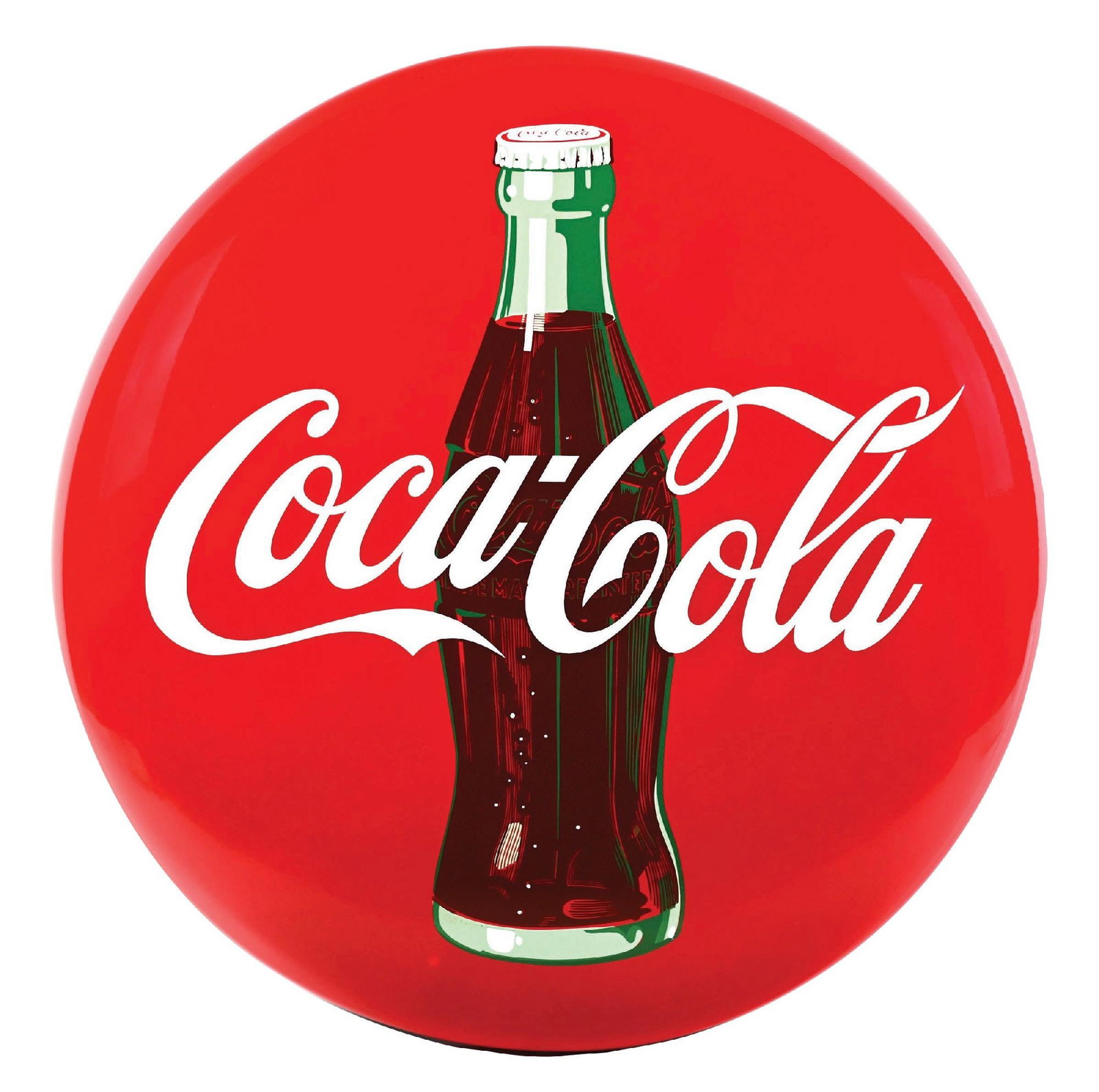 COCA-COLA BUTTON SIGN W/ BOTTLE GRAPHIC: SSP. A clean example of this c. 1950s single-sided porcelain button sign from Coca-Cola featuring the bottle graphic. CONDITION: The field remains clean and glossy, with only one tiny speck of color l