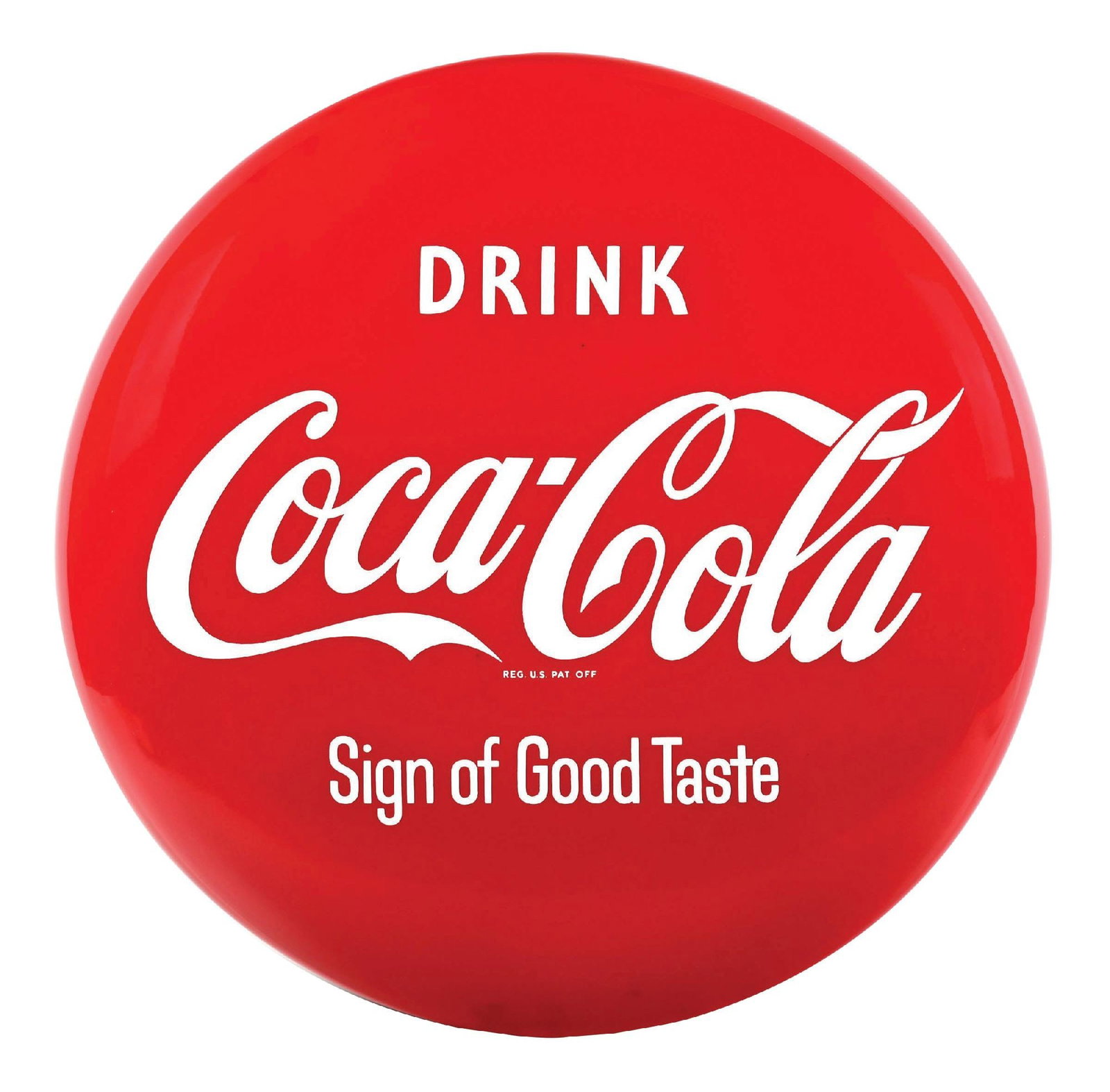 COCA-COLA "SIGN OF GOOD TASTE" BUTTON SIGN: SSP. A nice example of this c. 1950s single-sided porcelain button sign from Coca-Cola with "Sign of Good Taste" tagline. CONDITION: This button remains in wonderful condition with no damage to report