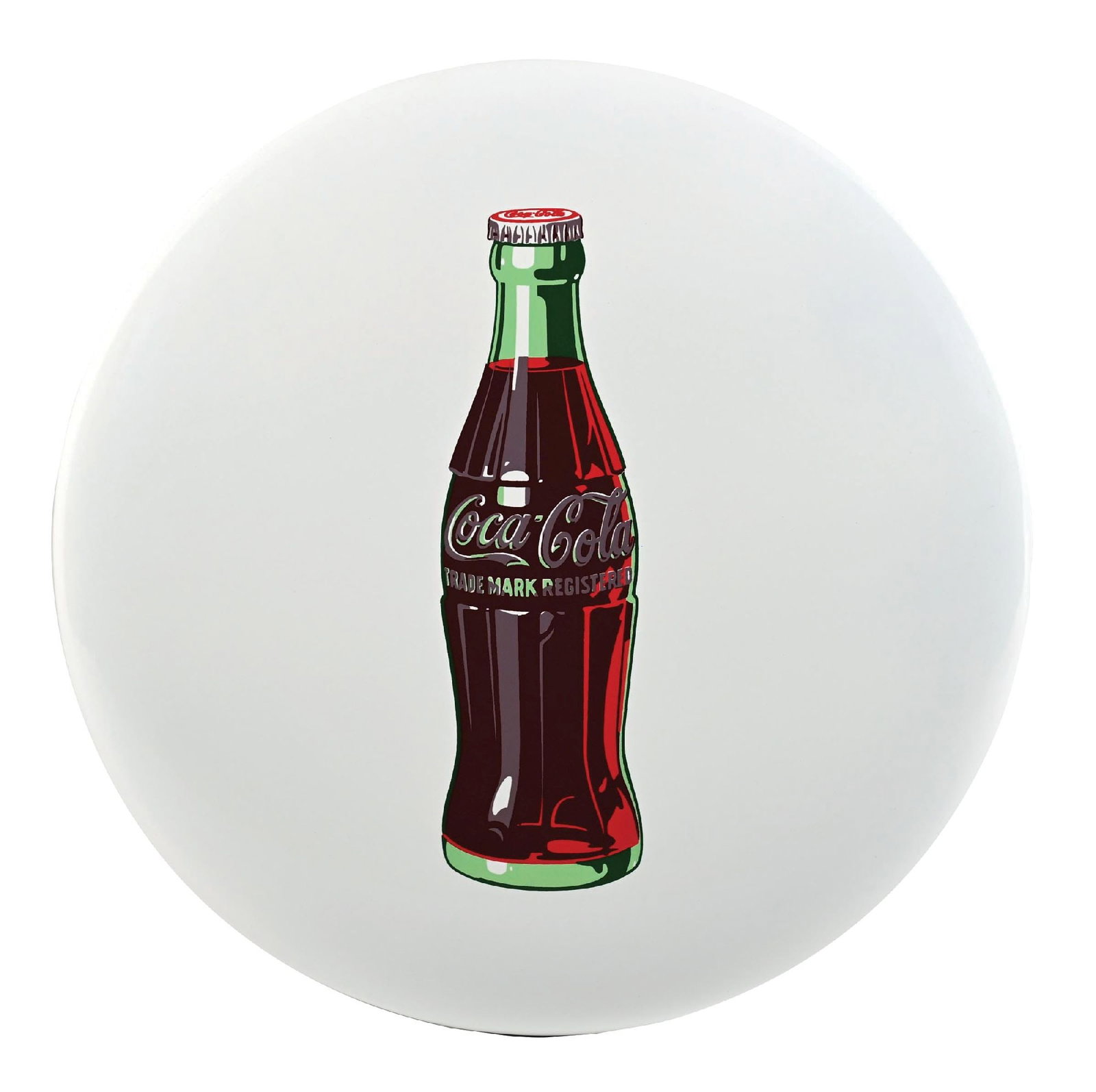 WHITE COCA-COLA BUTTON SIGN W/ BOTTLE GRAPHIC: SSP. A nice example of this c. 1950s single-sided porcelain button sign from Coca-Cola featuring the bottle graphic. CONDITION: The sign remains clean and glossy throughout the field. The extreme oute