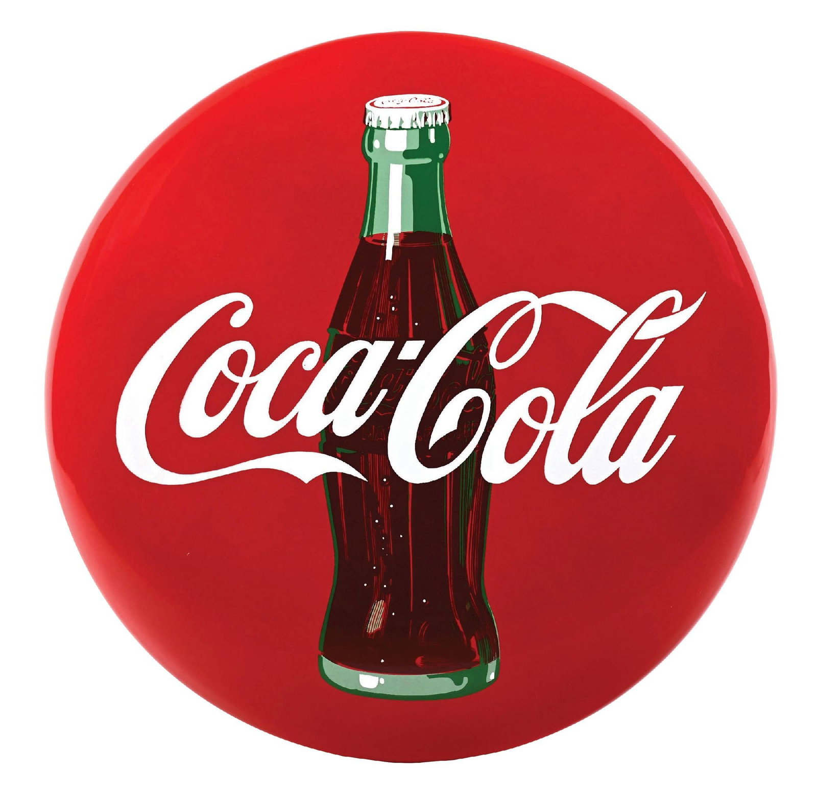 COCA-COLA BUTTON SIGN W/ BOTTLE GRAPHIC: SSP. A nice example of this c. 1950s single-sided porcelain button sign from Coca-Cola featuring the script and bottle graphic. CONDITION: The sign remains clean and glossy throughout the field. The e