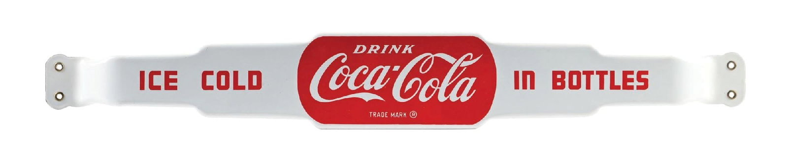 COCA-COLA "ICE COLD IN BOTTLES" DOOR PUSH SIGN: DSP. A clean example of this c. 1950s double-sided porcelain push bar from Coca-Cola with script logo on the front and "Thank You Call Again" on the reverse. CONDITION: The sign remains clean with won