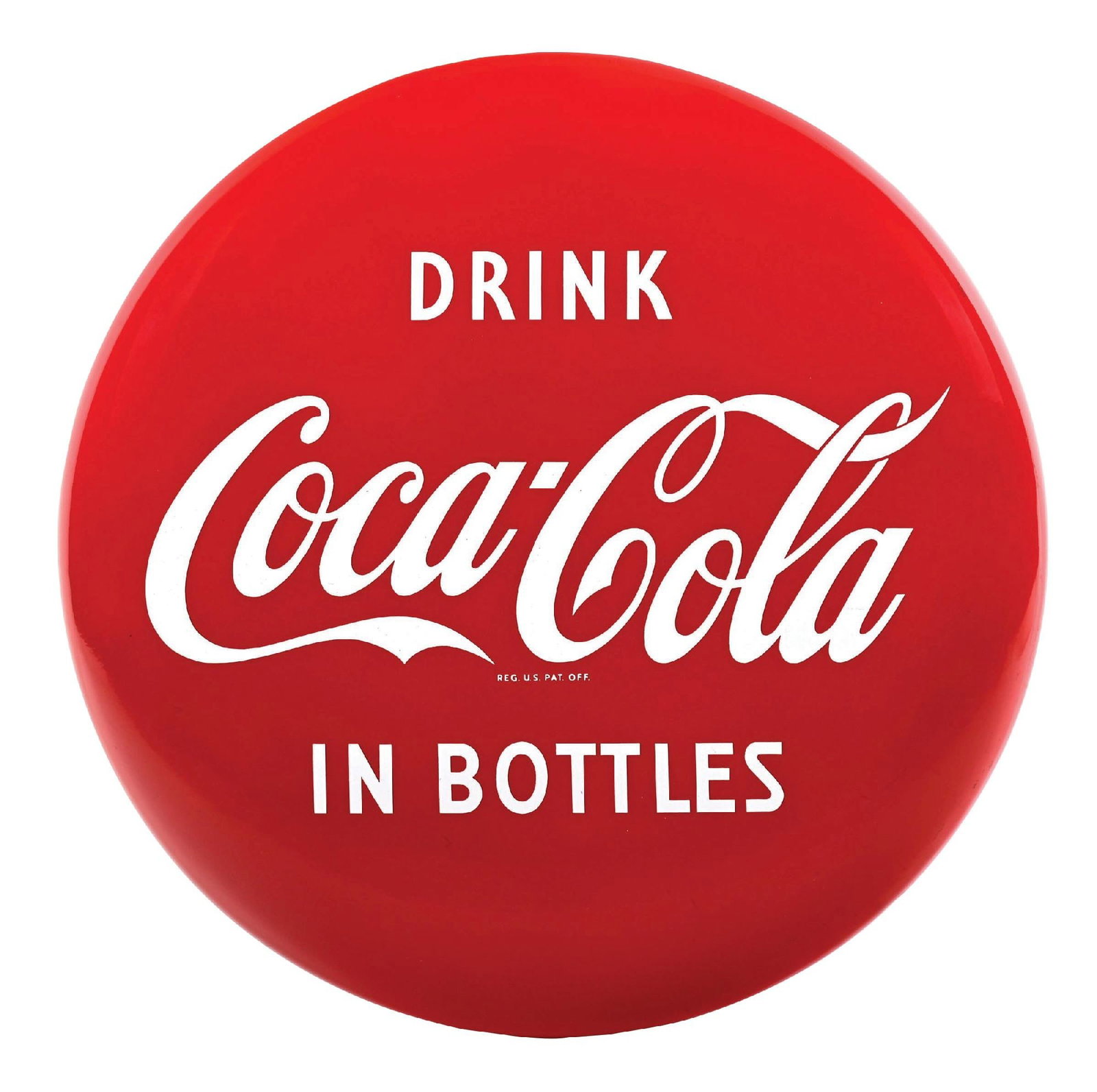 DRINK COCA-COLA IN BOTTLES BUTTON SIGN: SSP. A nice example of this c. 1950s single-sided porcelain button sign from Coca-Cola featuring the "In Bottles" tagline. CONDITION: The sign remains clean and glossy throughout the field. The outer