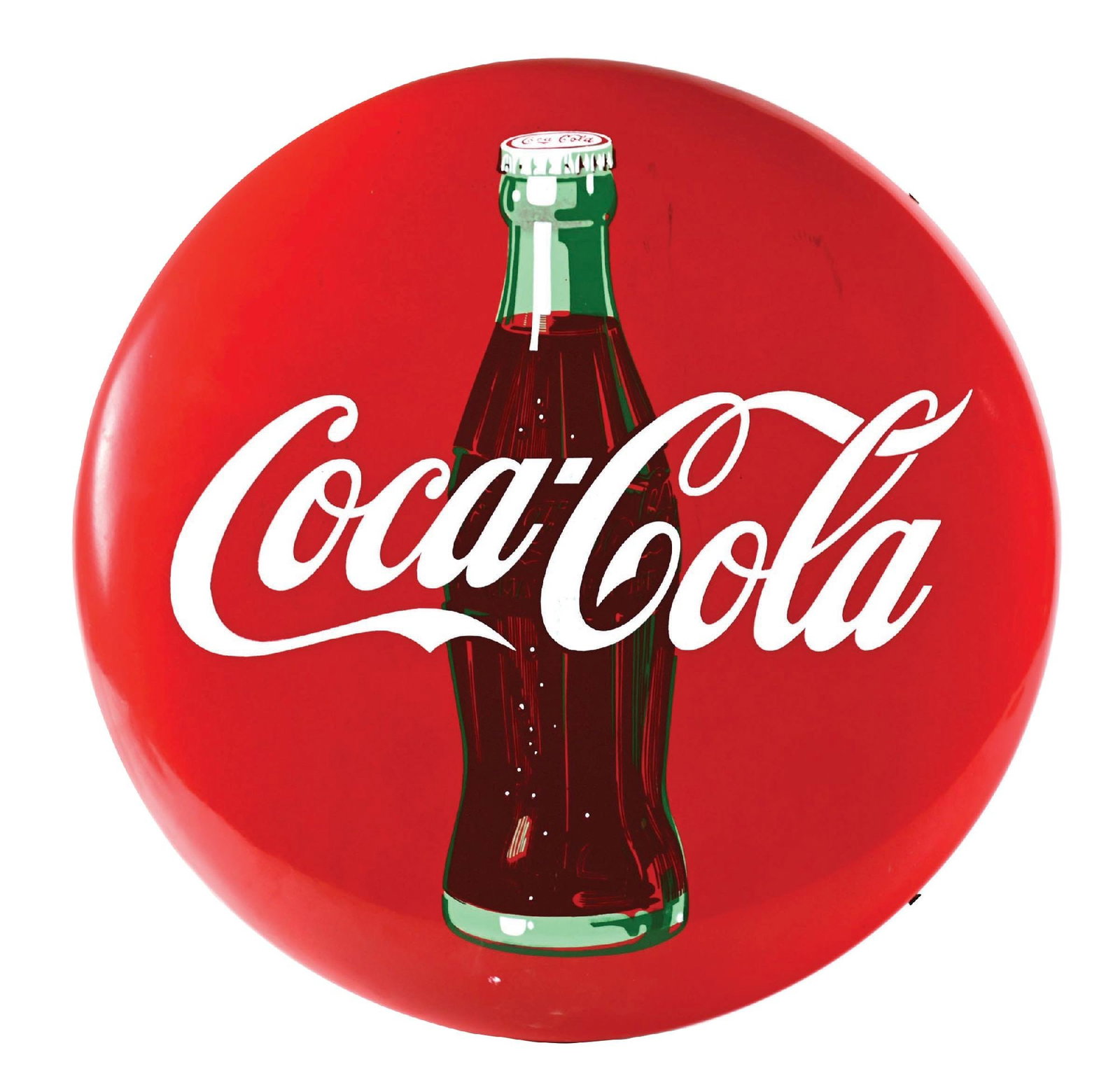 COCA-COLA PORCELAIN BUTTON SIGN W/ BOTTLE GRAPHIC: SSP. A nice example of this c. 1950s single-sided porcelain button sign with the script logo and bottle graphic. CONDITION: The gloss shows a haziness throughout the field, with light surface