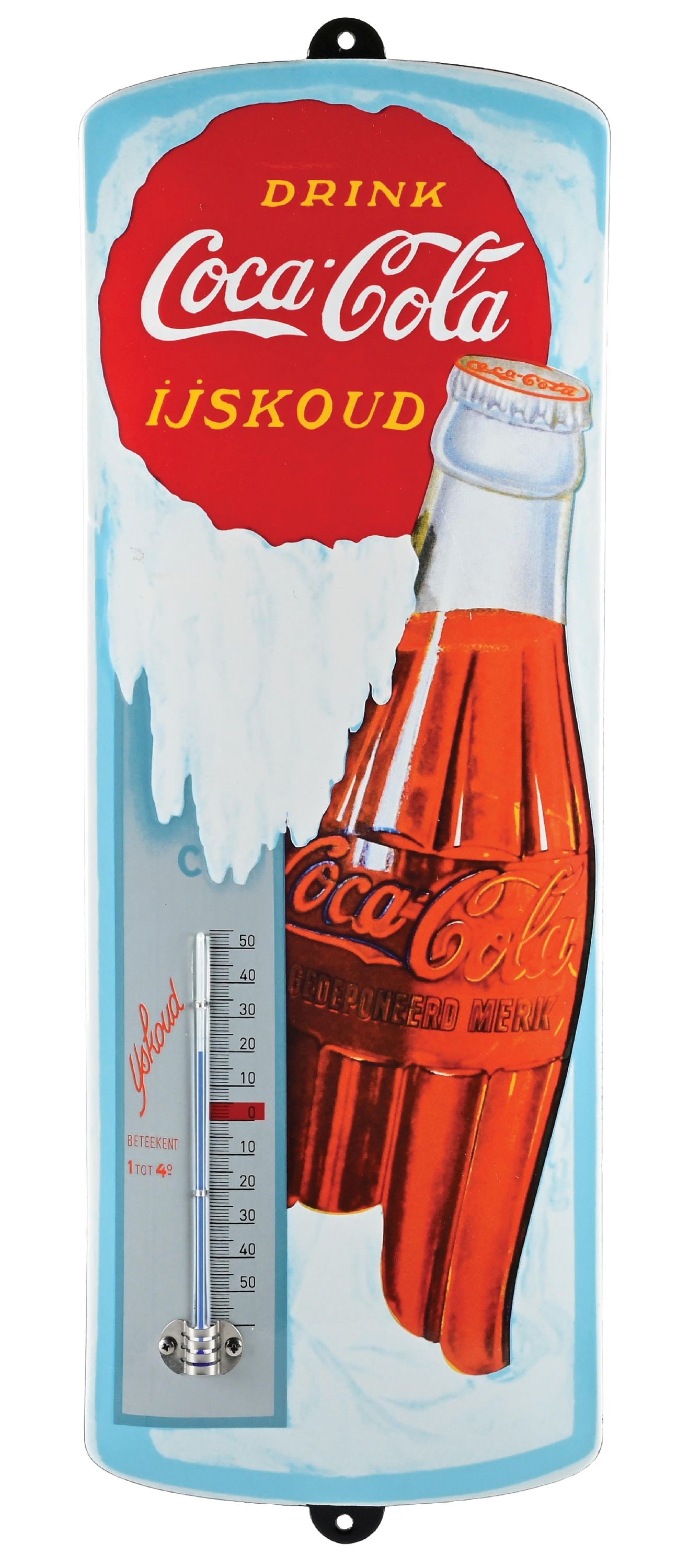 COCA-COLA PORCELAIN THERMOMETER W/ BOTTLE IN SNOW GRAPHIC: SSP. A great looking single-sided porcelain German Coca-Cola thermometer with an outstanding graphic of the contour bottle in the snow. This thermometer is not old, but is very well made with great co