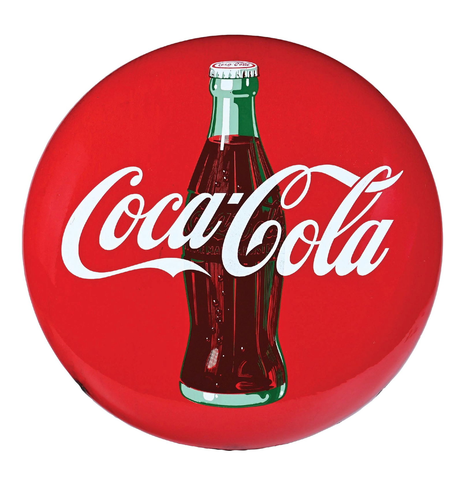 COCA-COLA BUTTON SIGN W/ BOTTLE GRAPHIC: SSP. A nice example of this c. 1950s single-sided porcelain button sign from Coca-Cola featuring the script logo and bottle graphic. CONDITION: The gloss and color in the center field is nice and