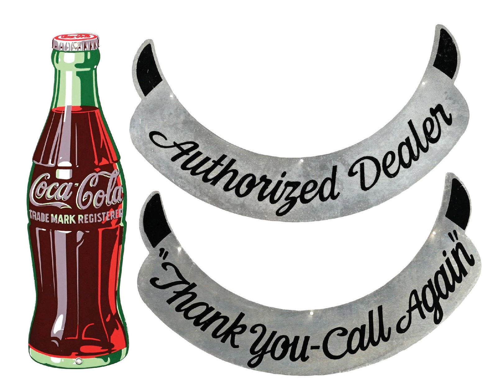 COLLECTION OF 3: COCA-COLA DIE CUT SIGNS: A nice collection of three Coca-Cola signs including: a c. 1950s die-cut porcelain bottle sign, and two more newly produced curved button attachment signs. CONDITION: (A) The porcelain bottle is is