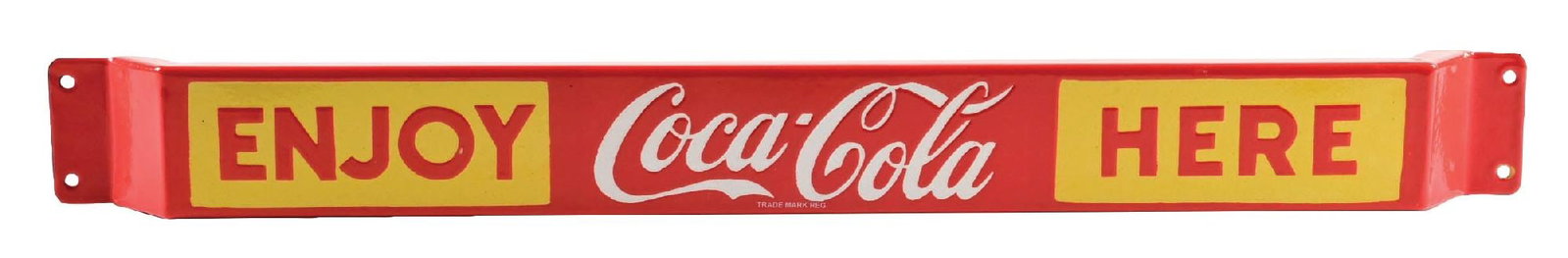 ENJOY COCA-COLA HERE DOOR PUSH SIGN: SSP. A nice example of this c. 1960 single-sided porcelain door push bar sign. CONDITION: The sign is near mint, with only one small porcelain chip, hardly visible near the top right mounting hole.