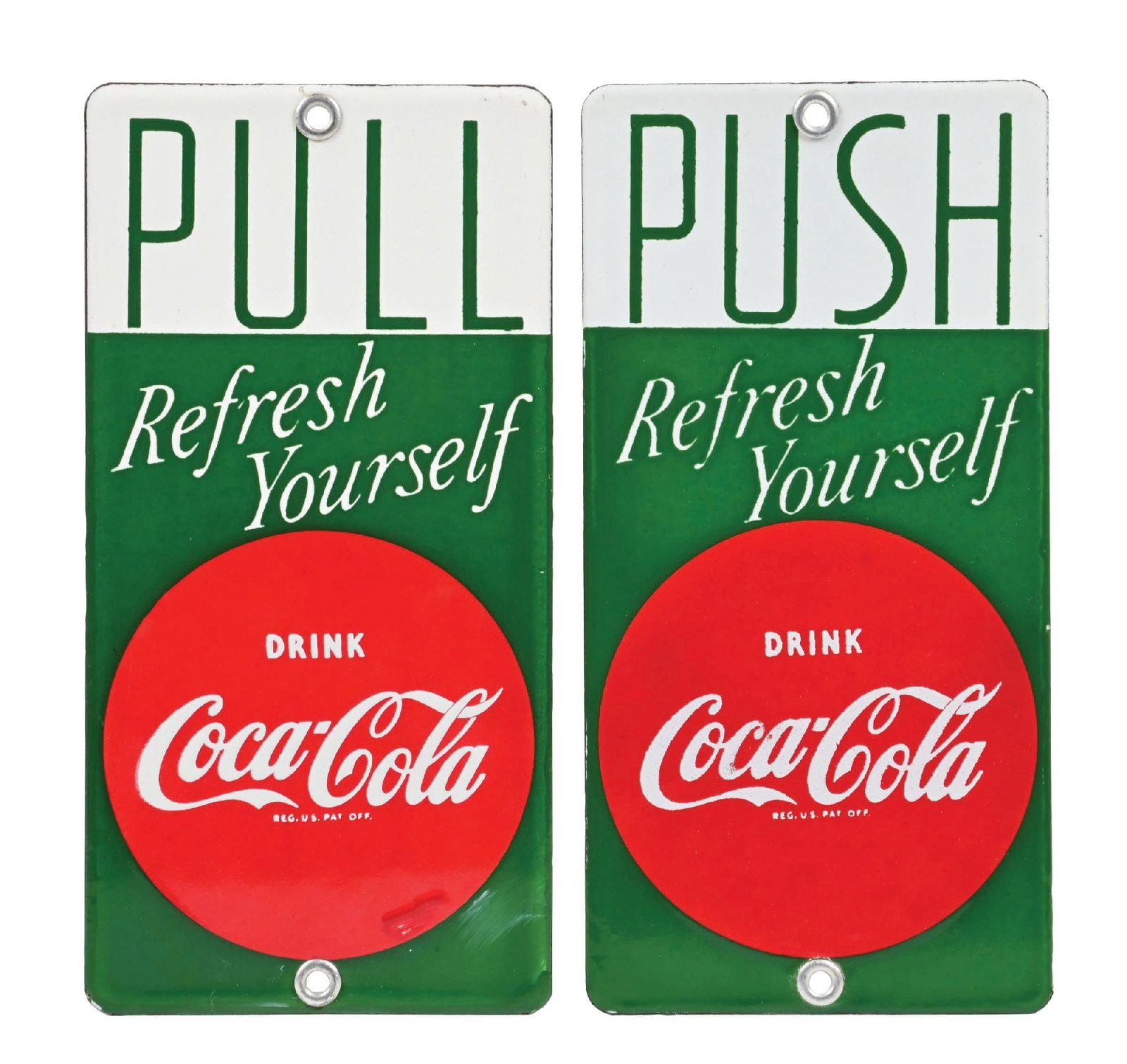 COLLECTION OF 2: COCA-COLA PALM PRESS SIGNS: SSP. A nice set of two single-sided porcelain palm press signs from Coca-Cola including both the "Push" and "Pull" examples. CONDITION: Both remain bright and glossy. The "Pull" push has a