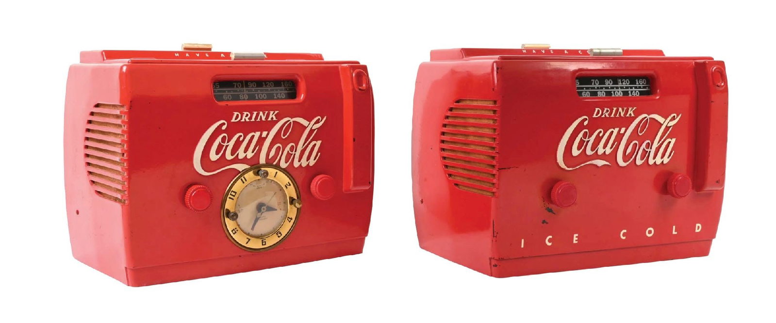 COLLECTION OF 2: COCA-COLA COOLER RADIOS: A nice collection of two 1950s cooler radios from Coca-Cola, each featuring the embossed script logo and one showing a clock face in the front center. CONDITION: The bodies of each cooler retain nice