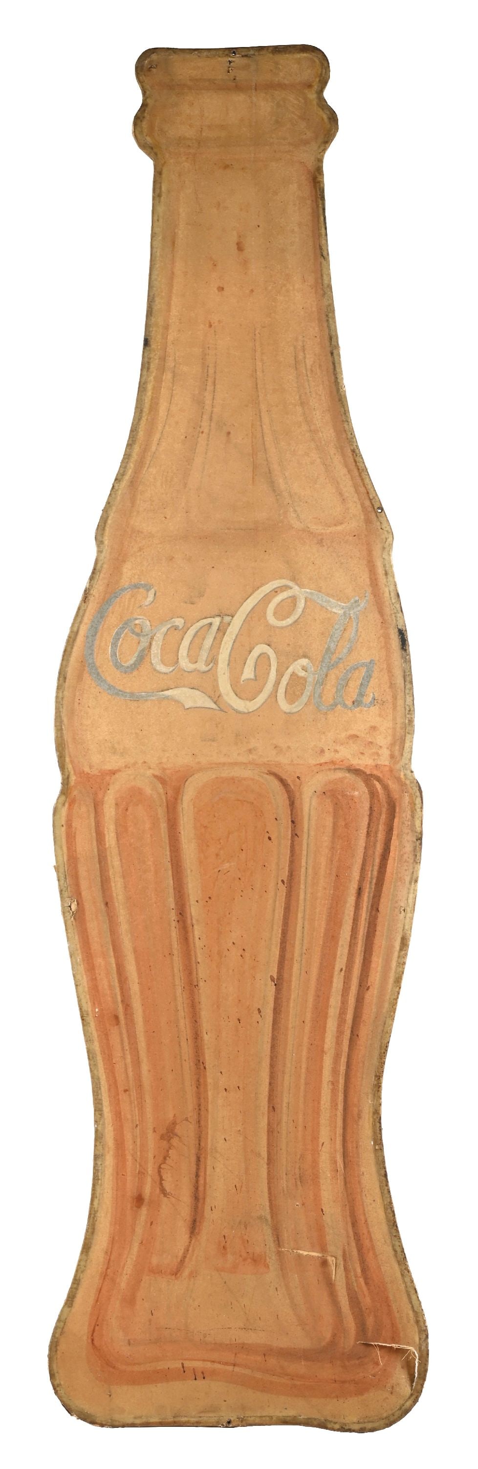 COCA-COLA STRETCHED CANVAS ON METAL FRAME FOLK ART PAINTED BOTTLE SIGN: A unusual and folky c. 1930s example of this stretched canvas on a metal frame in the shape of the iconic contour Coca-Cola bottle. CONDITION: The canvas shows nice hand-painted embellishments