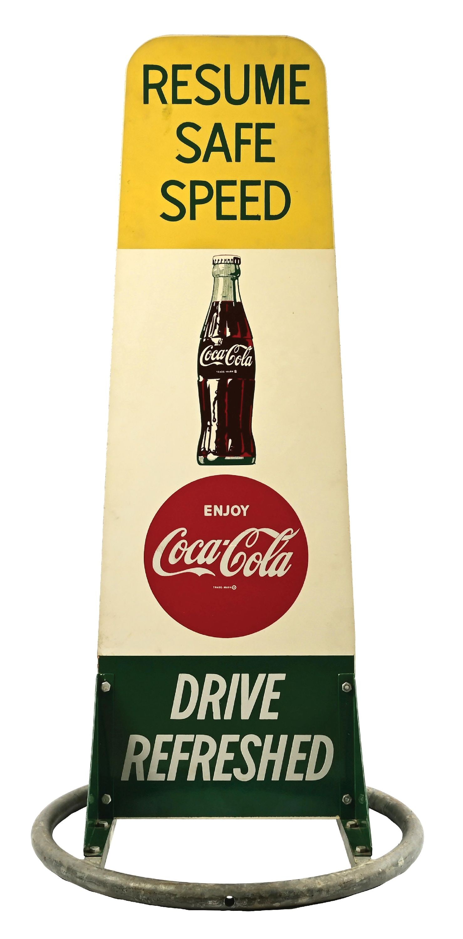 ENJOY COCA-COLA "SLOW SCHOOL ZONE DRIVE SAFELY" CURB SIGN W/ BASE: Double-Sided Wood. This c. 1950s double-sided wood curb sign from Coca-Cola features the logo on both sides with a bottle graphic and girl crossing the road silhouette. CONDITION: Both sides remain