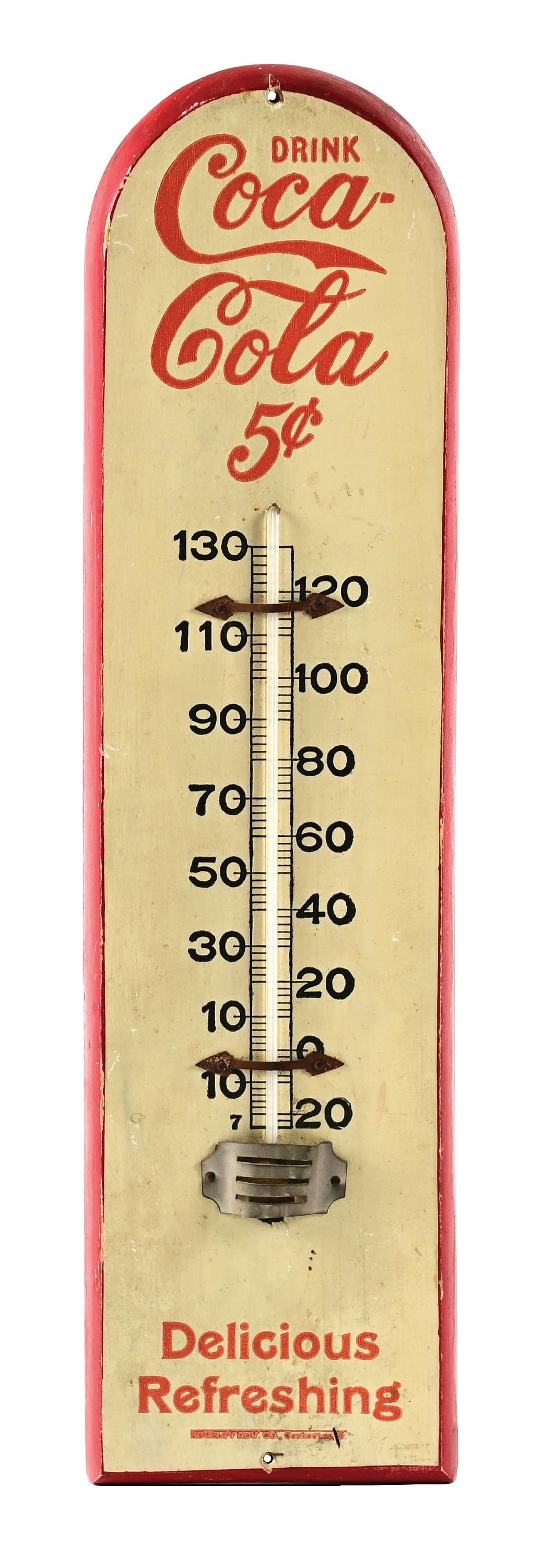 DRINK COCA-COLA 5¢ DELICIOUS REFRESHING WOOD THERMOMETER: A nice early example of this c. 1905 wood thermometer sign from Coca-Cola, featuring an early script logo with the original paper instructions still attached to the backside. CONDITION: The field