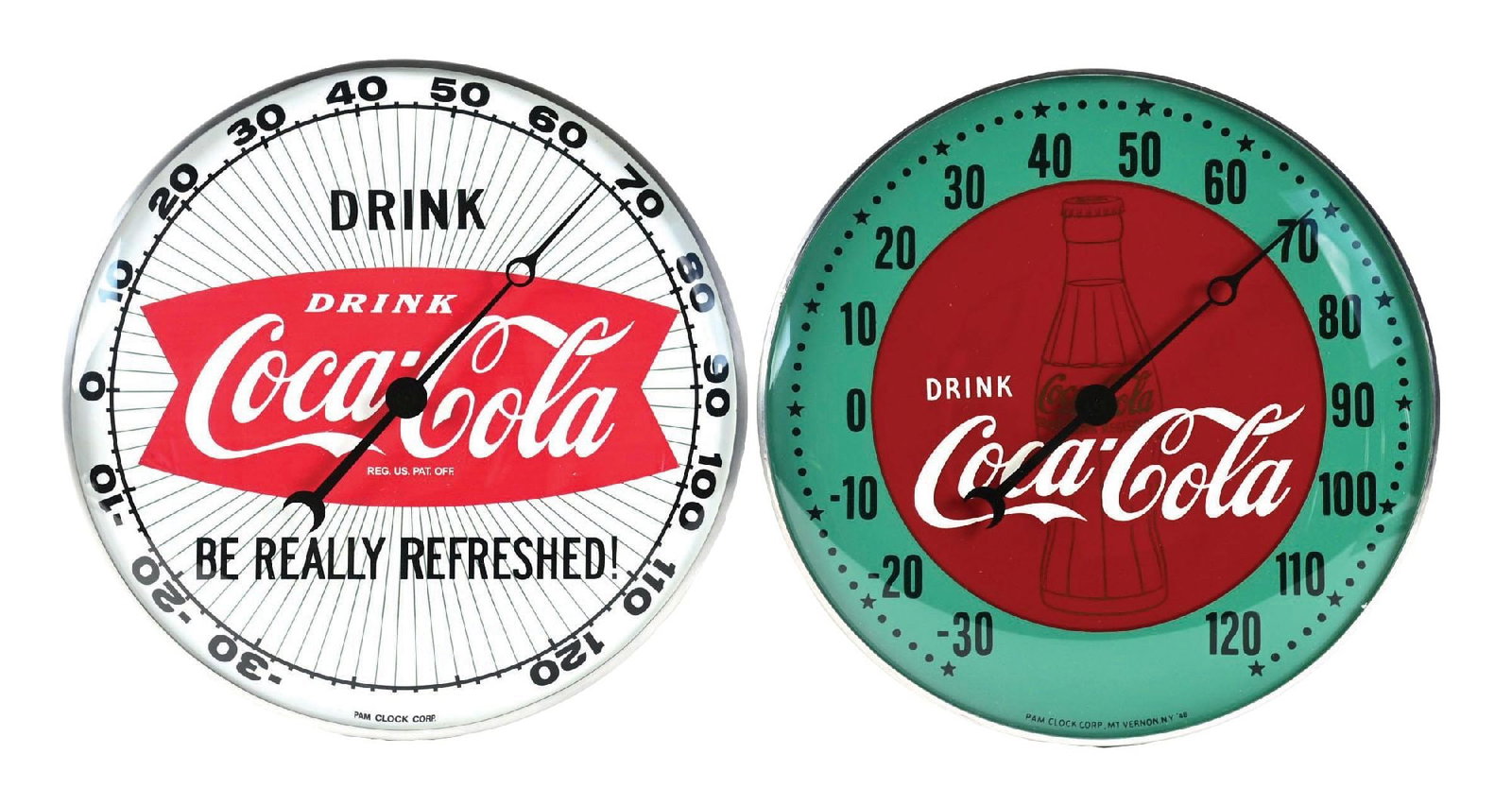 COLLECTION OF 2: COCA-COLA PAM THERMOMETER SIGNS: A nice collection of two c. 1950s-1960s Pam thermometer signs from Coca-Cola. CONDITION: Both remain in wonderfully clean condition with no damage to report. Both are reading the correct temperature