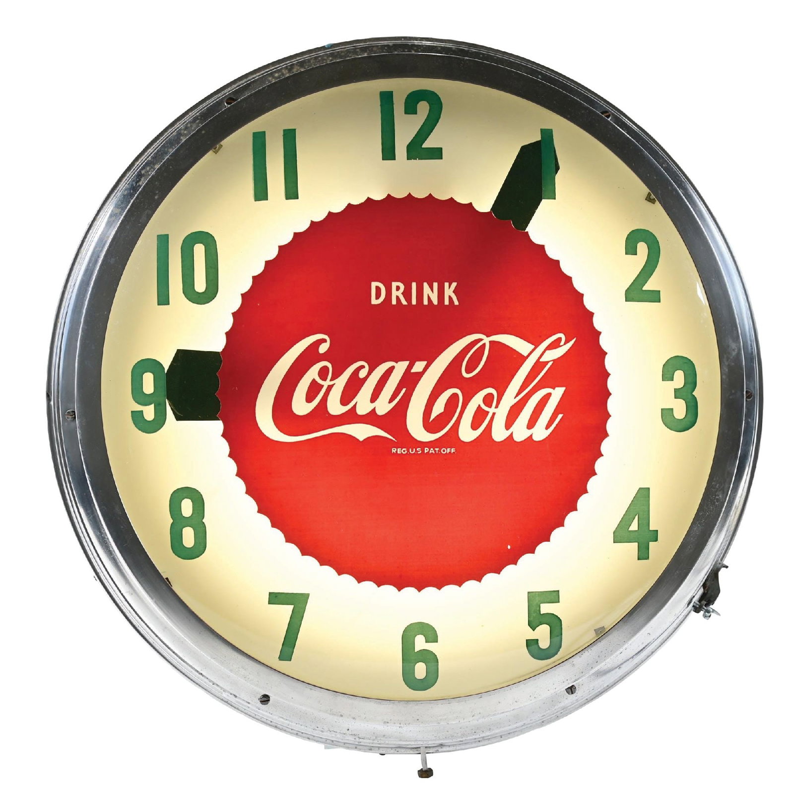 DRINK COCA-COLA LIGHT SAWTOOTH CLOCK: A nice example of this c. 1950s "sawtooth" clock from Coca-Cola featuring the script logo and bright metal can. CONDITION: The glass face is clean and undamaged. The outer metal can shows some light