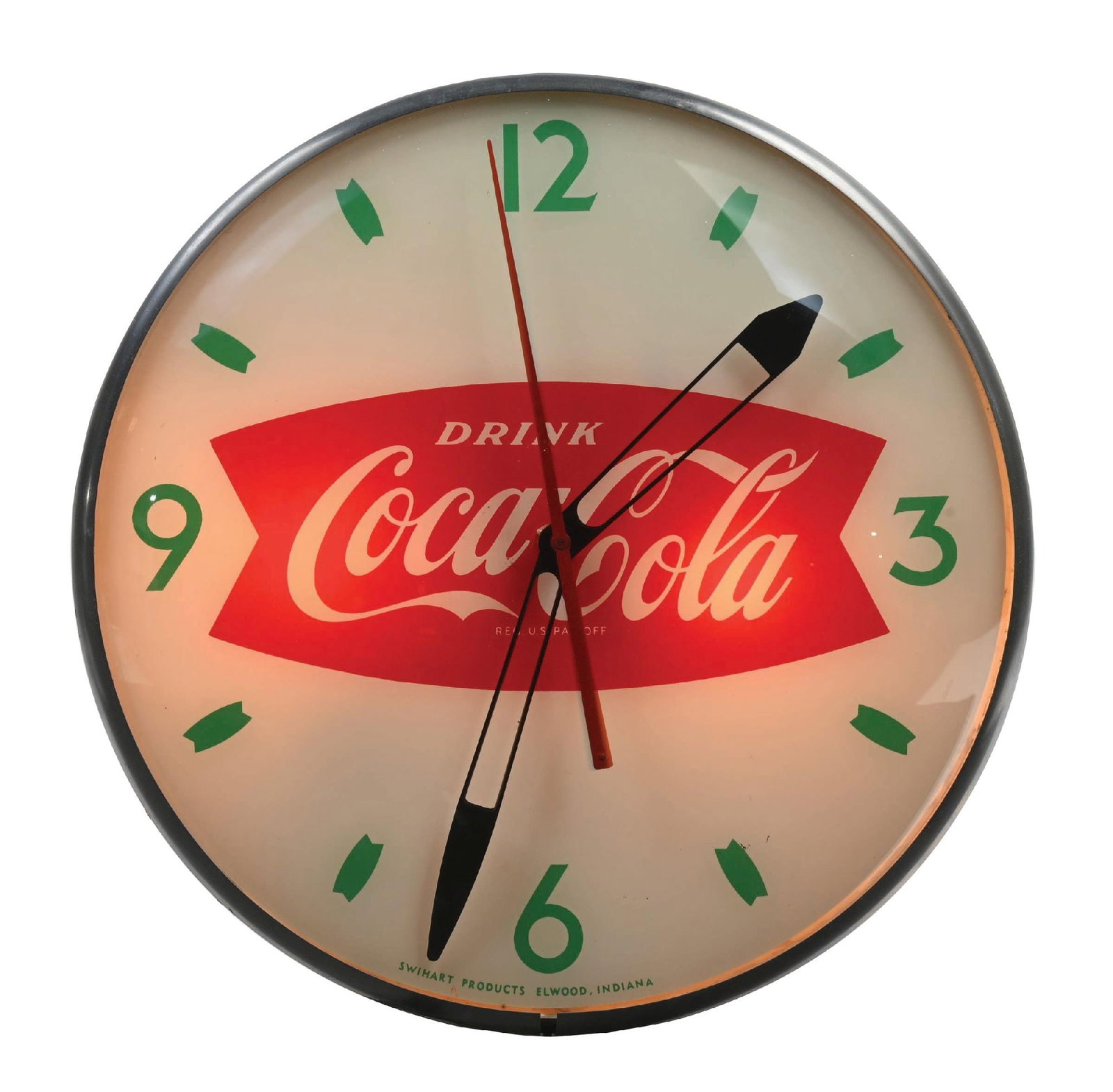 COCA-COLA LIGHT-UP FISHTAIL CLOCK: Maker marked "Swihart Products". This c. 1960s light-up clock from Coca-Cola features a wonderful fishtail design with the script logo. CONDITION: The interior face remains clean, with some hardly