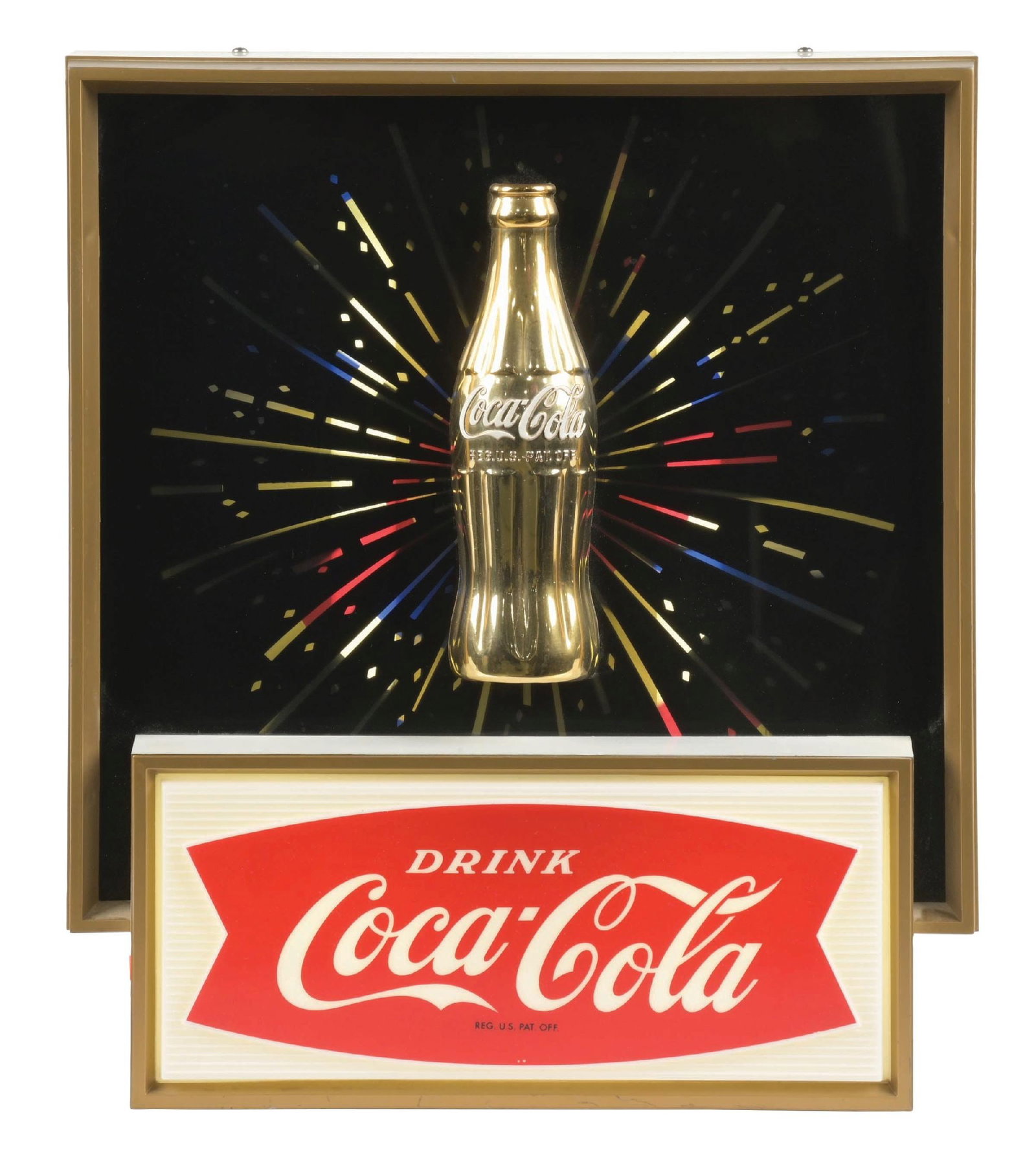 VINTAGE COCA-COLA STARBURST LIGHT-UP SIGN: Maker Marked "Price Brothers". This c. 1950s light-up Starburst sign features a wonderful gold bottle in the center with a fishtail and script logo along the bottom. CONDITION: The fishtail section re