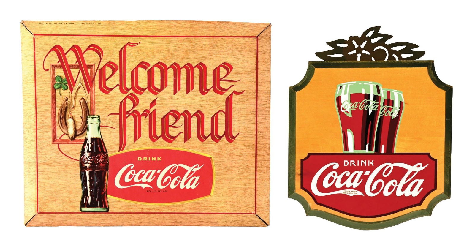 COLLECTION OF 2: COCA-COLA "WELCOME FRIEND" AND KAY DISPLAY SIGN: A nice collection of two Coca-Cola signs including a C. 1950's self-framed cardboard "Welcome Friend" sign, and a small wood Kay Display sign with fountain glass graphics. CONDITION: The cardboard sig