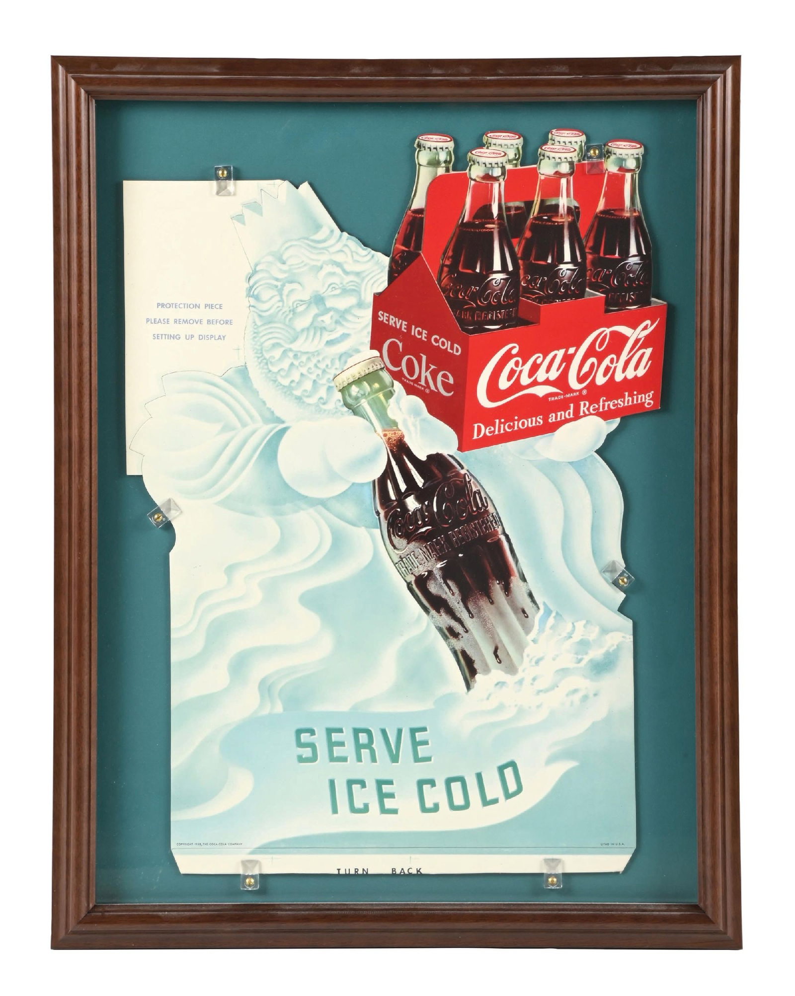 COCA-COLA "OLD MAN WINTER" EASEL-BACK DISPLAY: A new-old-stock example of this c. 1953 easel-back display from Coca-Cola with the "Old Man Winter" graphic. CONDITION: This piece was never used and still retains the cardboard section in the top lef