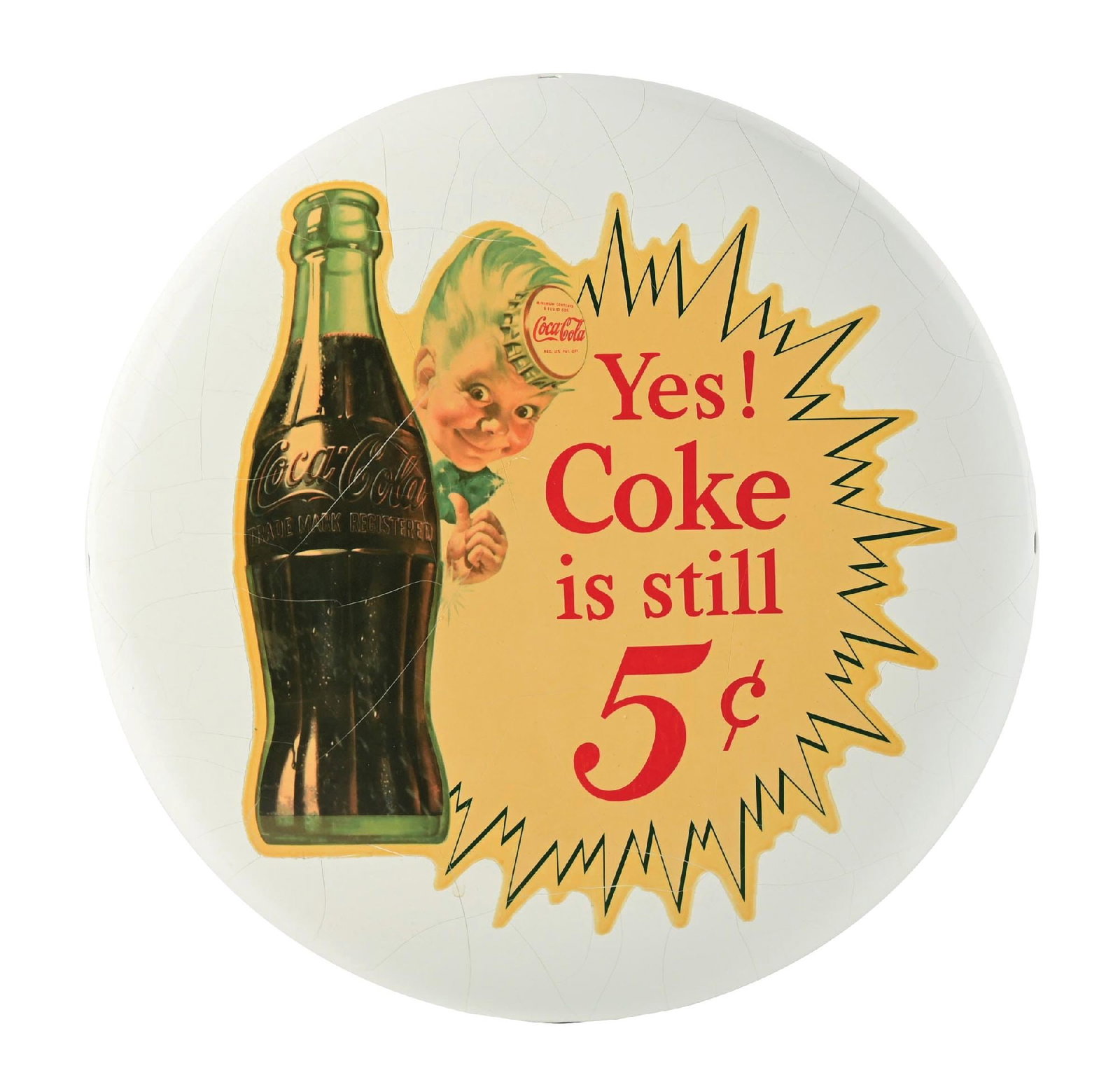 COCA-COLA BUTTON SIGN W/ SPRITE BOY DECAL: A nice example of this c. 1950s button sign from Coca-Cola with Sprite Boy decal. CONDITION: At some point in the past, this button was repainted, and likely smoothed over with some sort of compound. 