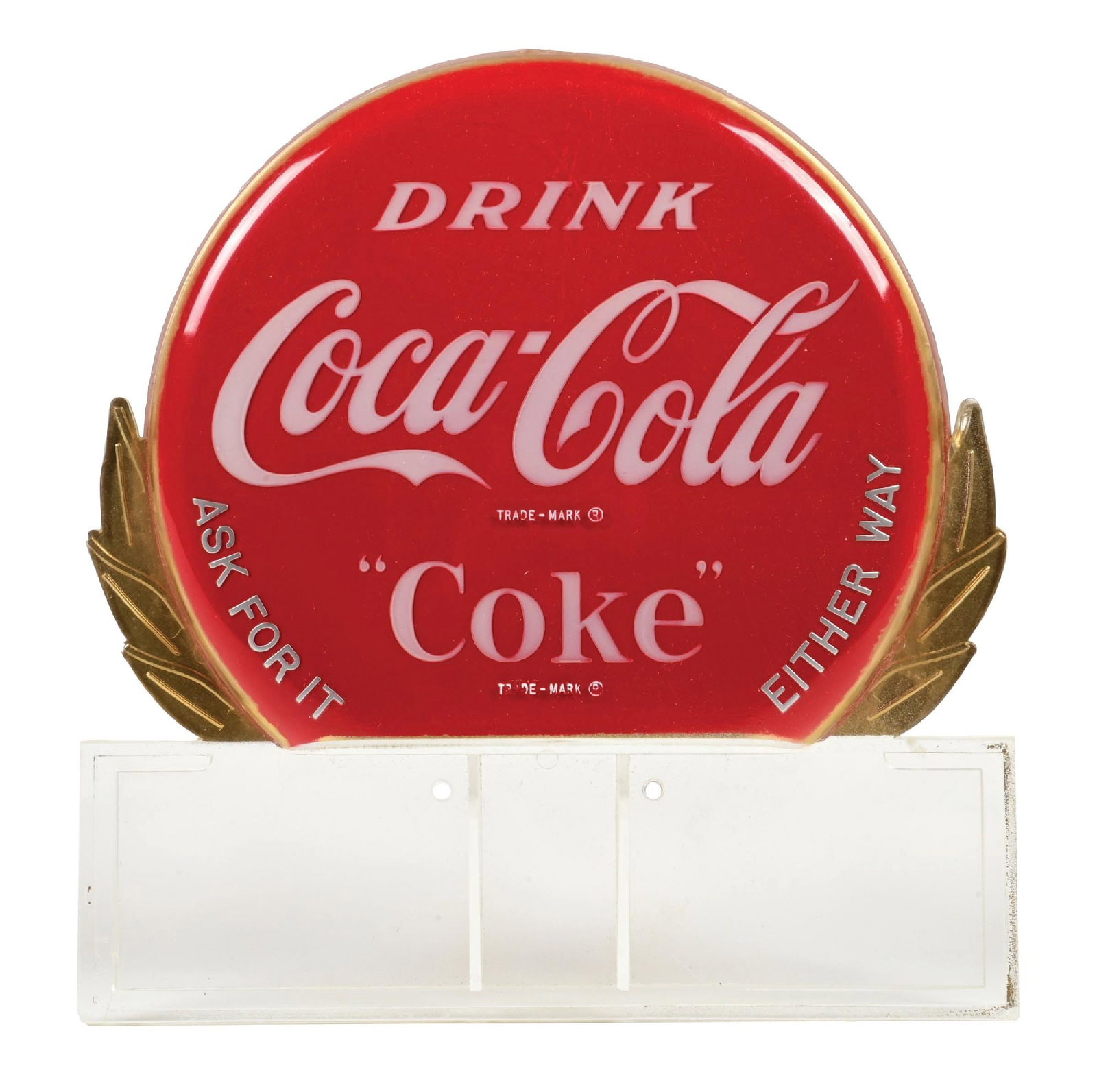 COCA-COLA BOTTLE TOPPER DISPLAY ELEMENT: This is a piece of the c. 1950s gold bottle topper display. It is missing the front section. CONDITION: The piece is damage-free and could be an good upgrade if needed for a complete topper. Condition