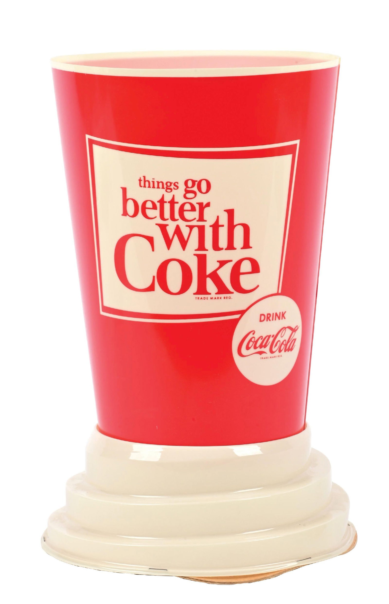 THINGS GO BETTER WITH COKE LIGHT UP CUP SIGN: A wonderful example of this c. 1960s plastic light-up cup sign display from Coca-Cola featuring the "Things Go Better with Coke" tagline. CONDITION: The plastic cup and base are damage-free and remain