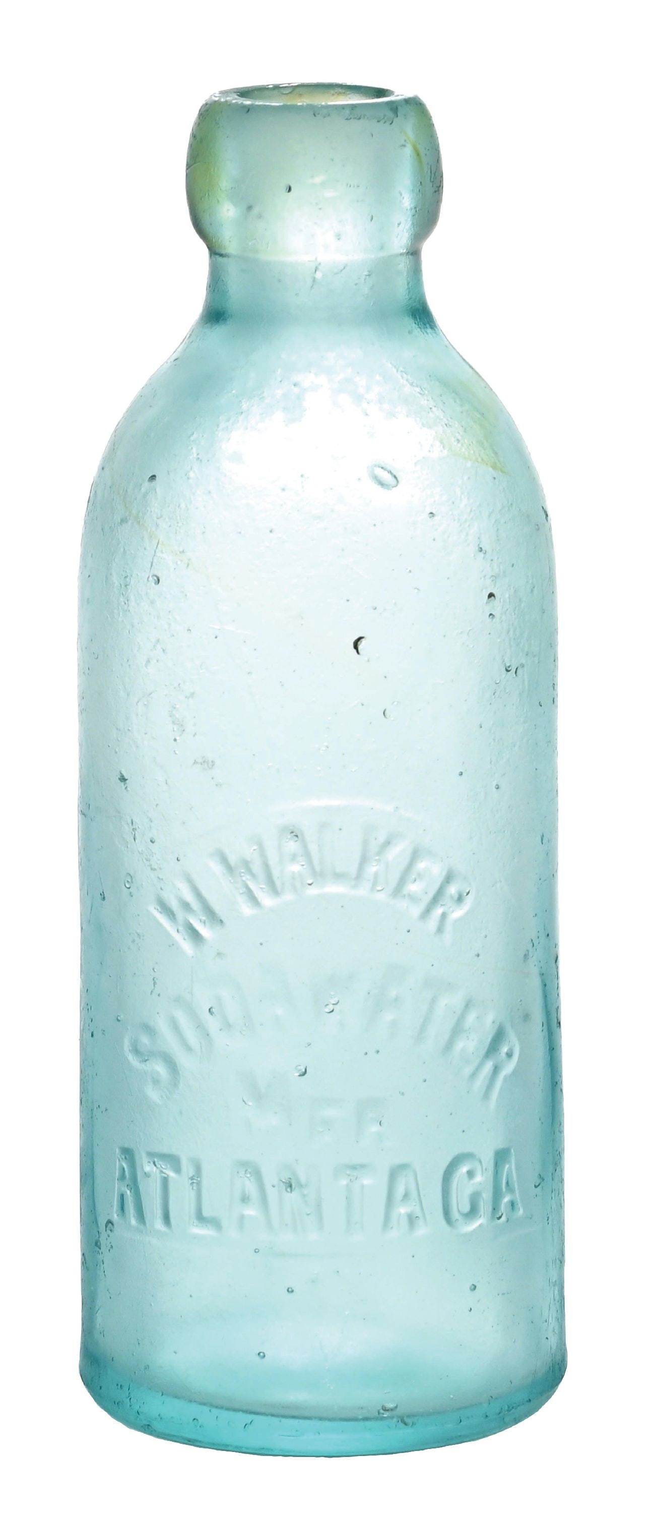 W. WALKER SODA WATER MFR ATLANTA, GA. GLASS AQUA BOTTLE: A fantastic example of this W. Walker Hutchinson soda bottle, which is historically significant due to Mr. Walker being one of the original part-owners of The Coca-Cola Company. A rare and desirable