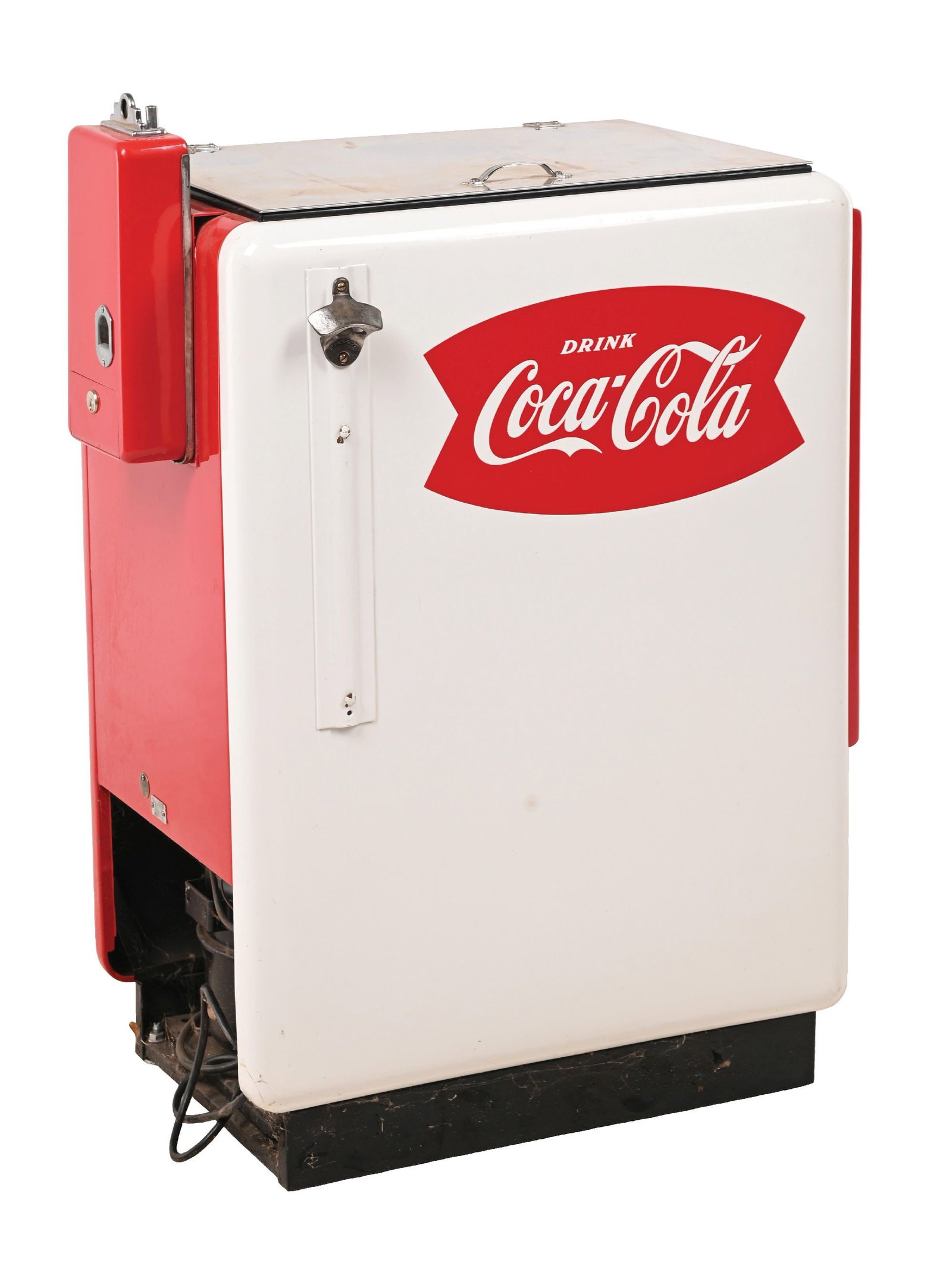 RESTORED TEN CENT COCA-COLA COOLER & VENDING MACHINE: C. 1950s. CONDITION: Vending machine shows an excellent restoration throughout showing 10 cent coin mechanism at the left. Cooler shows all internals intact with excellent condition paint throughout