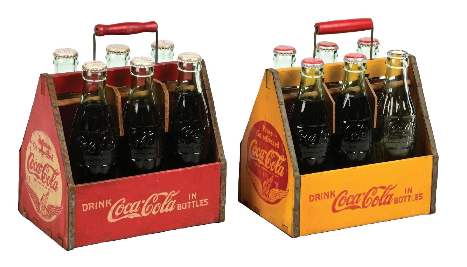 COLLECTION OF 2: SIX-PACK COCA-COLA CARRIERS: A nice collection of two c. 1940s bottle carriers including both the yellow and red versions. Both include the WWII era winged graphics on each end. CONDITION: Both remain in similar condition