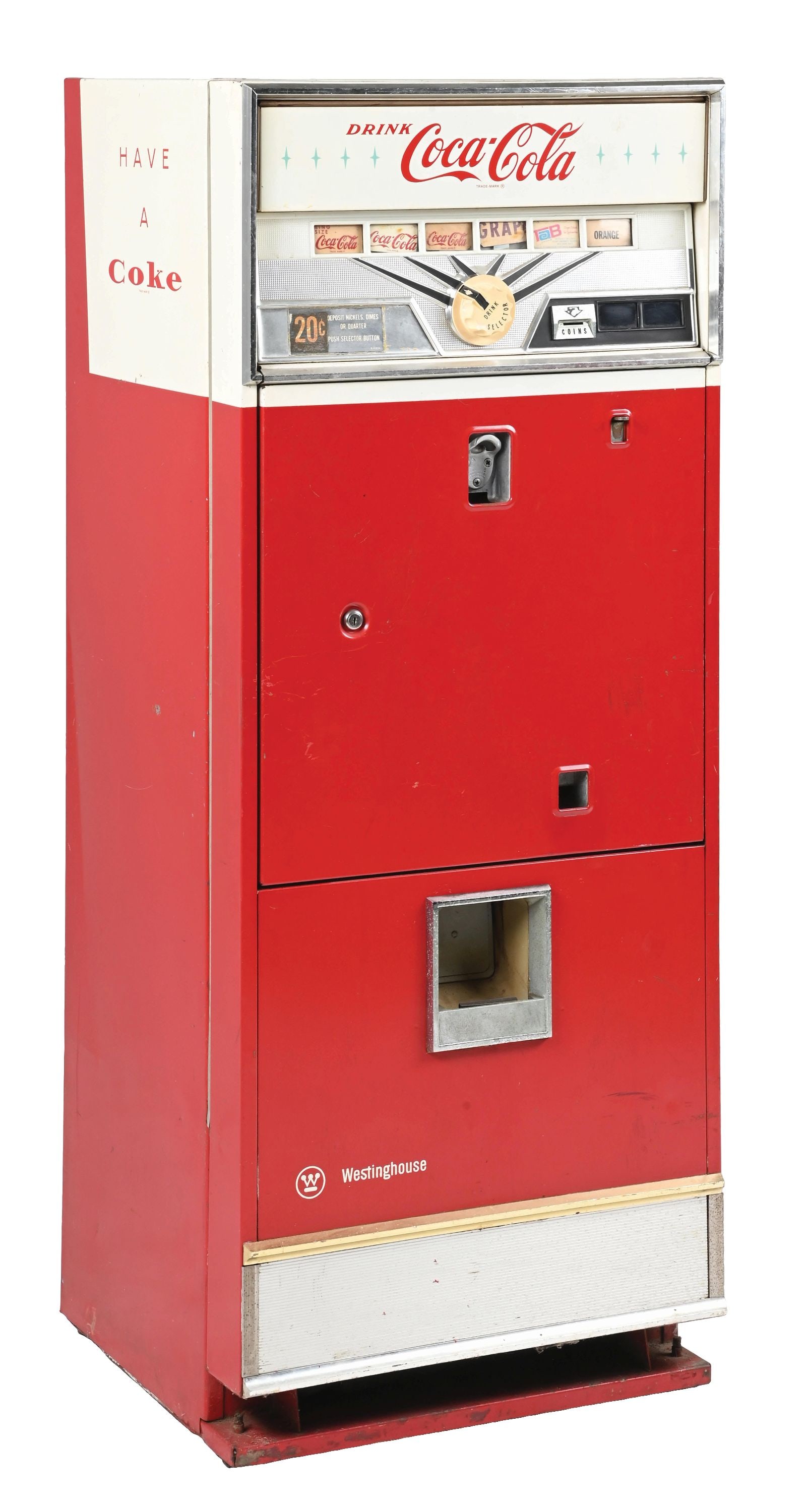 20¢ WESTINGHOUSE DRINK COCA-COLA VENDING MACHINE: This c. 1950s Westinghouse vending machine from Coca-Cola vends six different flavors of soda. CONDITION: The machine shows scuffs and color loss in several areas throughout the body. The internals