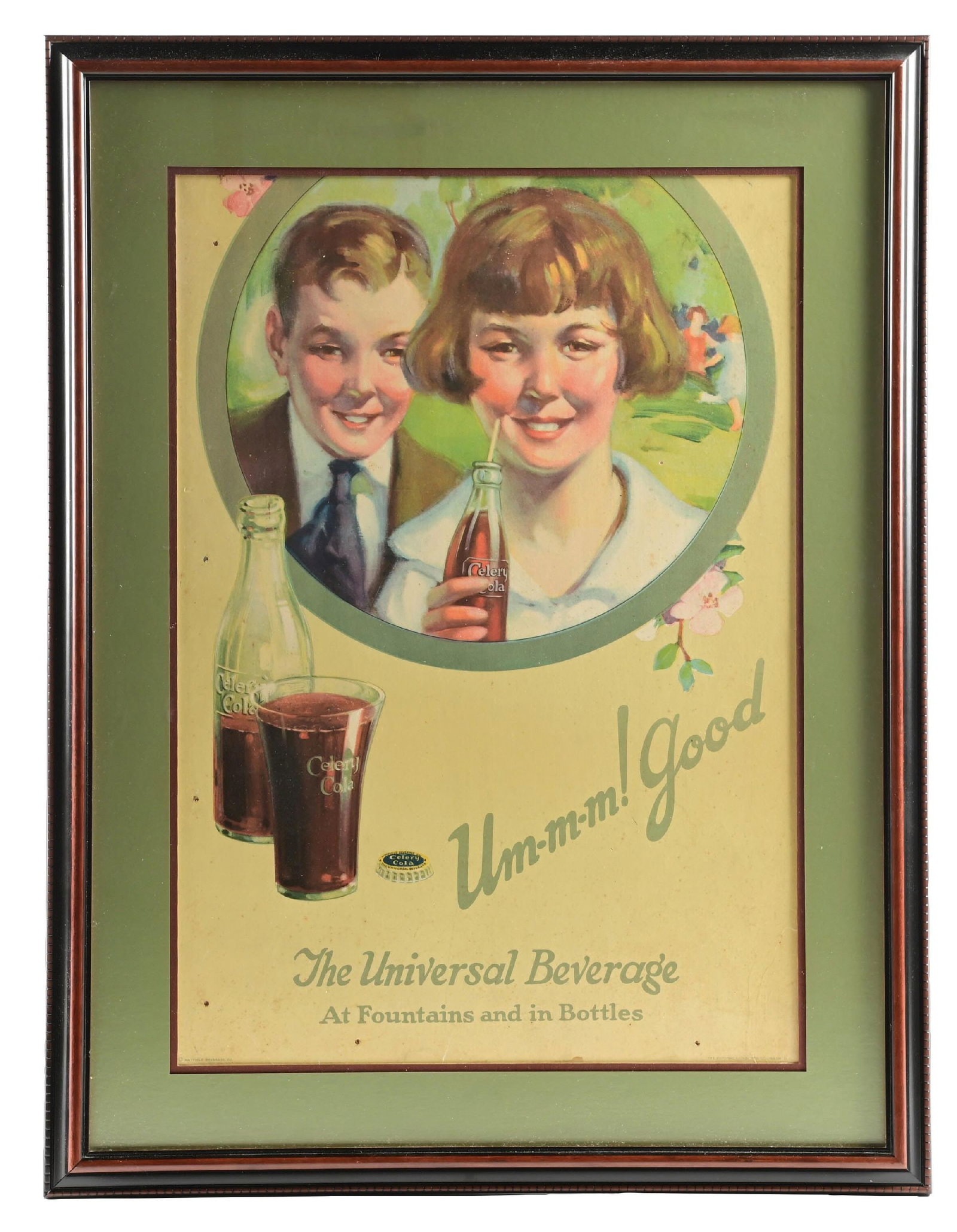 CELERY-COLA "UMM GOOD!" SIGN W/ CHILDREN HOLDING BOTTLE GRAPHIC: Single-Sided Cardboard. Maker Marked "The Potomac Litho. Mfg. Company". A nice example of this c. 1910s-1920 single-sided cardboard sign from Celery-Cola featuring young children holding a bottle of