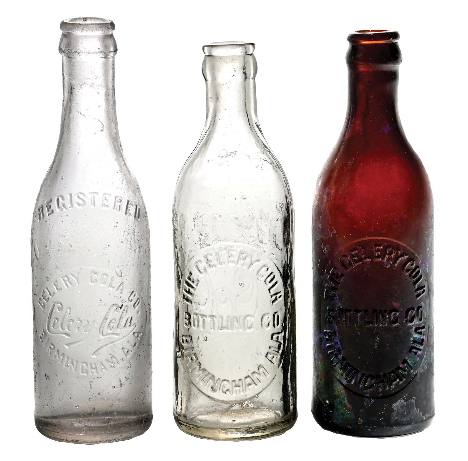 COLLECTION OF 3: CELERY COLA BIRMINGHAM, AL BOTTLES: A nice collection of three Celery-Cola bottles including: (A) clear glass, script logo Celery Cola of Birmingham Alabama; (B) clear glass, block letter Celery-Cola Bottling Co of Birmingham, Alabama