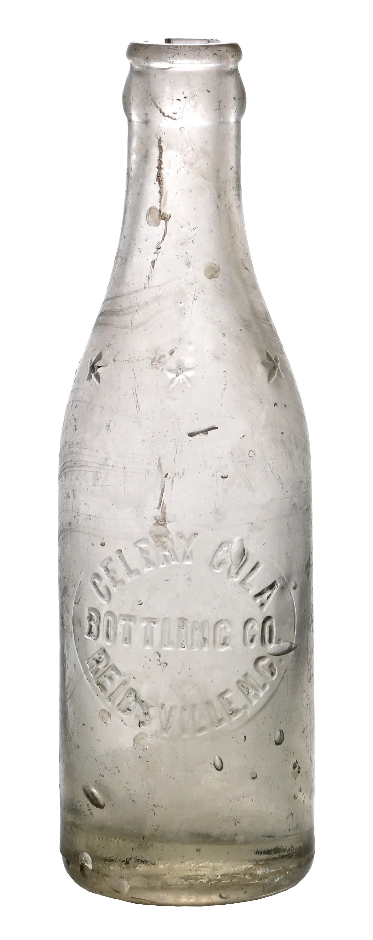 CELERY COLA REIDSVILLE NC CLEAR BLOCK LETTER BOTTLE: Celery-Cola Bottling Company Reidsville, North Carolina. A rare example of this clear glass, block letter bottle from Celery-Cola of Reidsville, NC. CONDITION: The bottle shows a series of small