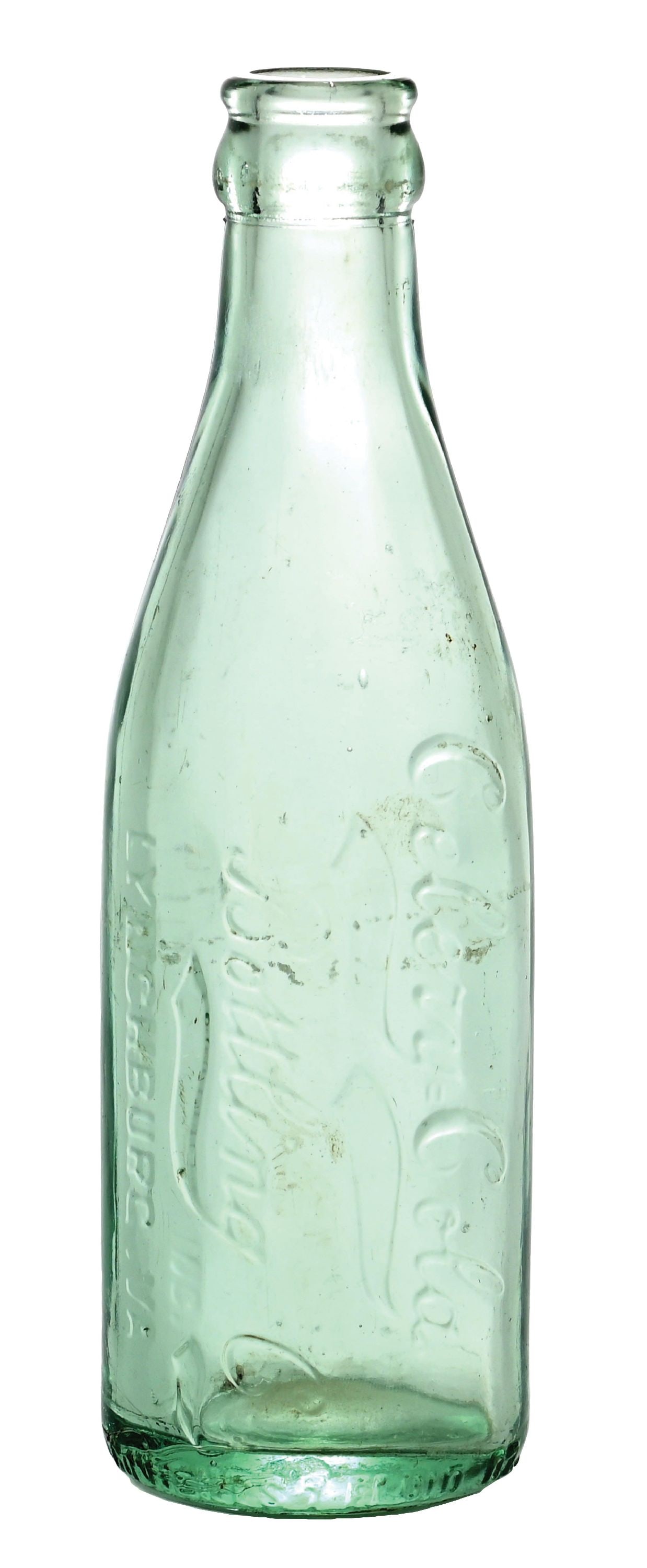CELERY COLA LYNCHBURG VA AQUA SCRIPT BOTTLE: Celery-Cola Bottling Company Lynchburg, Virginia. A great looking example of this aqua glass, full script bottle from Lynchburg, Virginia. CONDITION: The bottle is crisp and clean and shows modest