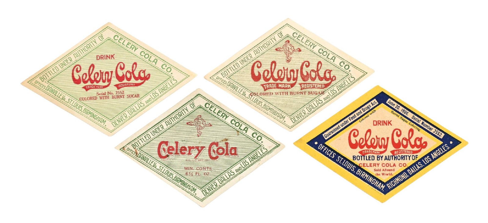 COLLECTION OF 4: C. 1905-1925 RARE CELERY COLA BOTTLE LABELS: A wonderful selection of 4 early Celery-Cola bottle labels showing different design styles and colors. CONDITION: All are unused and nicely preserved. Condition: (Very Good). Dimensions: Largest: 4 -