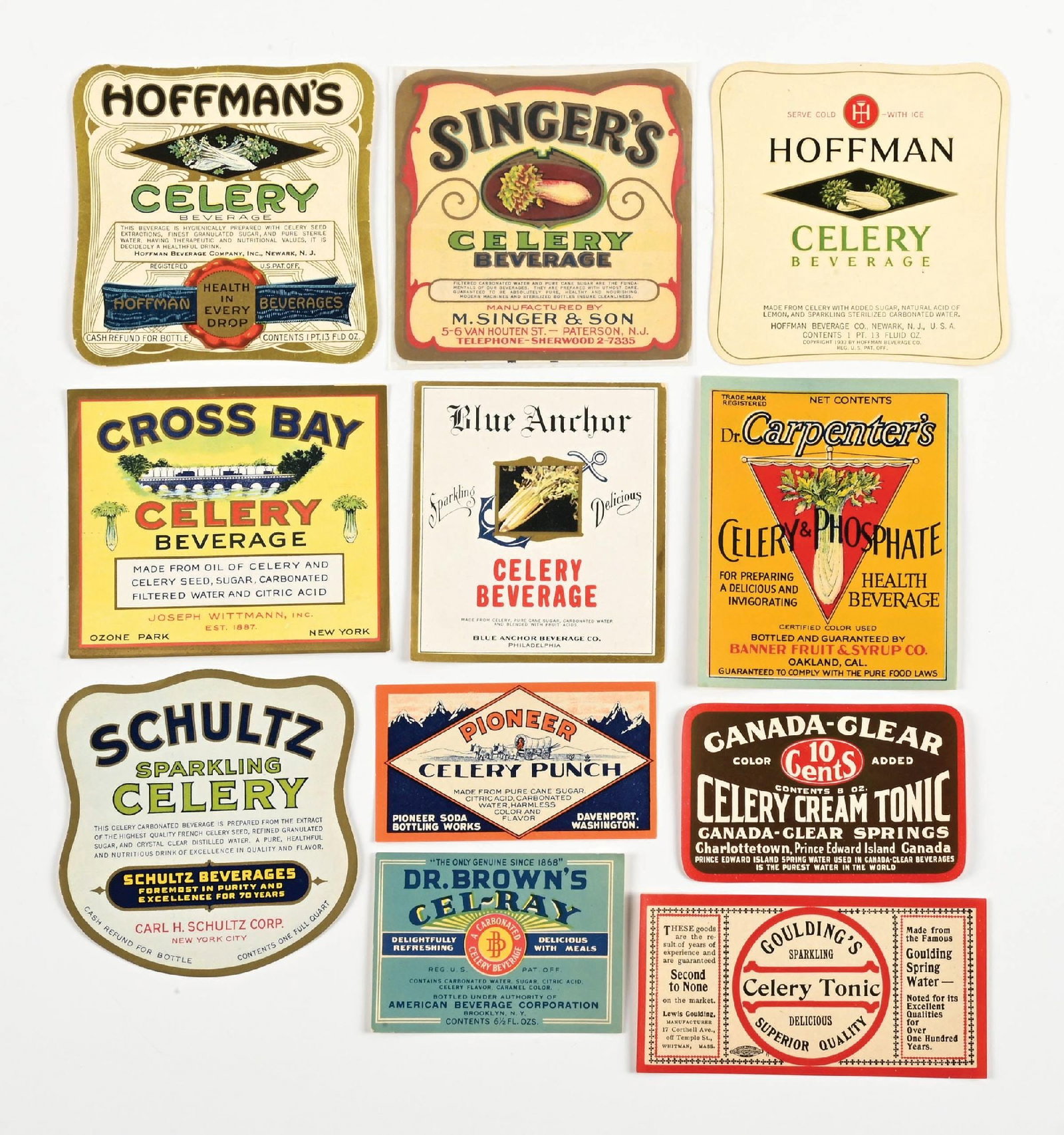 COLLECTION OF 11: C. 1920-1930S VARIOUS MFG. CELERY COLA BOTTLE LABELS: A wonderful selection of 11 various Celery-Cola Manufacturing labels showing different design styles and colors. CONDITION: All are unused and nicely preserved. Condition: (Very Good). Dimensions: