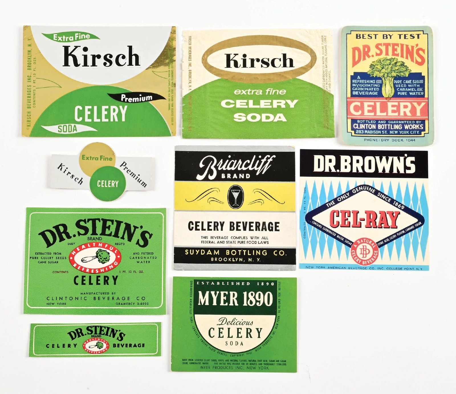 COLLECTION OF 9: C. 1940-1950S VARIOUS CELERY COLA MFG. BOTTLE LABELS: A wonderful selection of 1940s-1950s Celery Cola labels showing different design and color styles. CONDITION: All remain nice and unused. Condition: (Very Good). Dimensions: Largest: 5 - 1/4" x 3 -