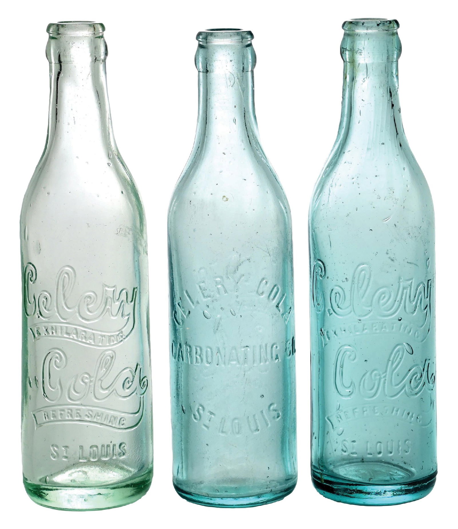 COLLECTION OF 3: CELERY COLA ST. LOUIS, MO AQUA & GREEN SCRIPT BOTTLES: A nice collection of thee Celery-Cola bottles. CONDITION: (A) Green glass, script logo bottle from St. Louis, MO. (B) Aqua glass, block letter bottle from St. Louis MO. (C) Aqua glass, script logo bot