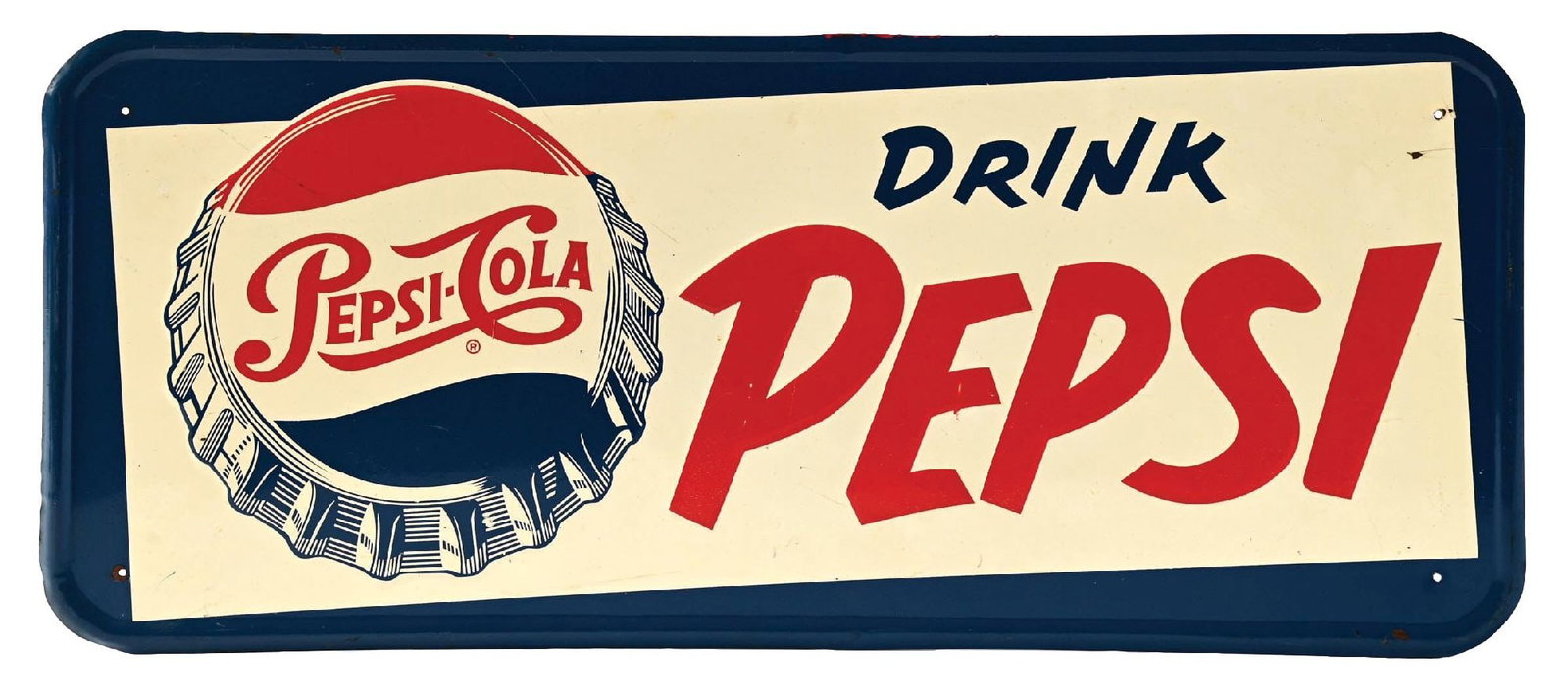 DRINK PEPSI SIGN W/ BOTTLE CAP GRAPHIC: SST. A nice example of this c. 1950s single-sided tin sign with embossed lettering a nice bottle cap graphic. CONDITION: The field shows a few paint scrapes and nicks. The mounting holes show minor