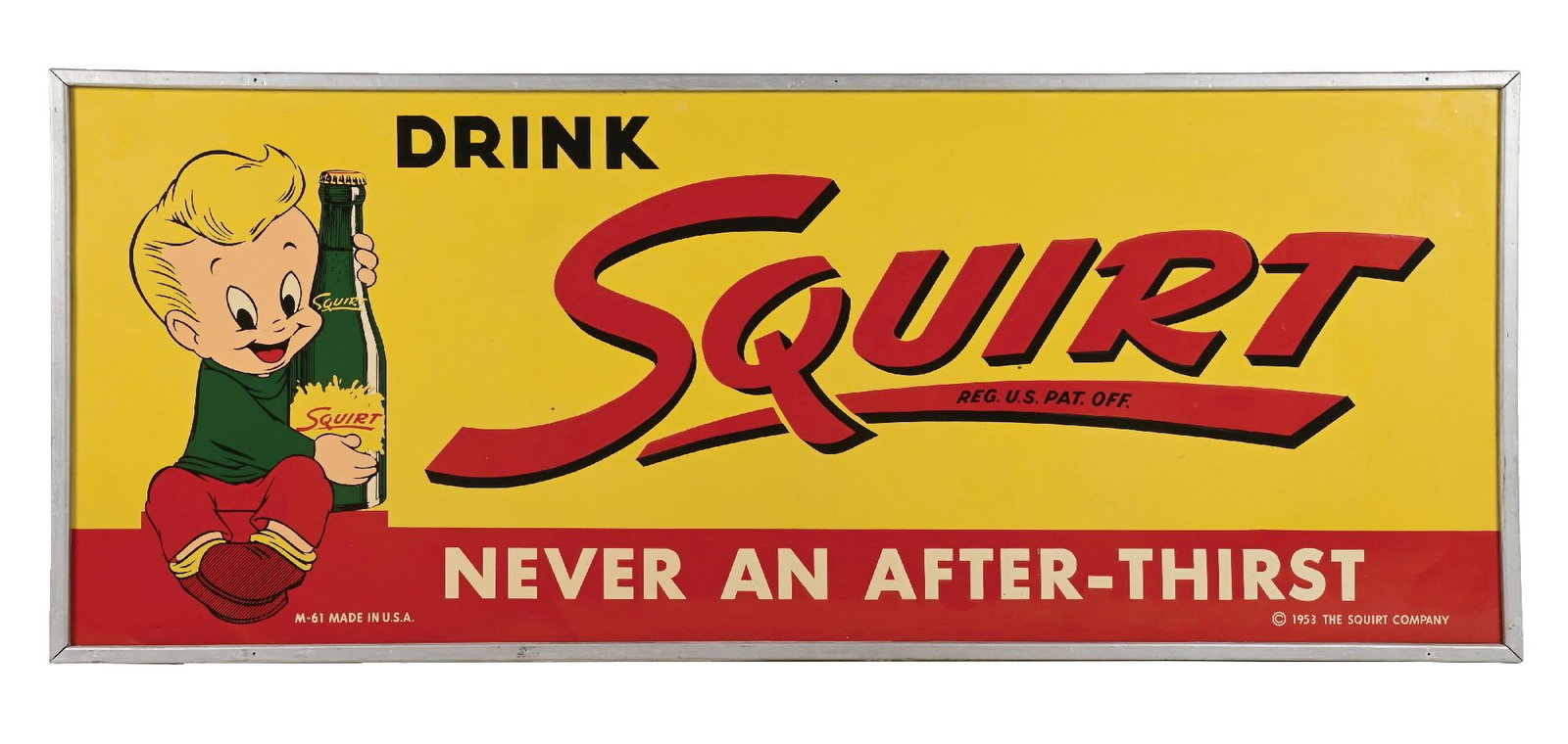 LARGE SQUIRT "NEVER AN AFTER-THIRST" SIGN W/ SQUIRT BOY GRAPHIC (1 of 4)