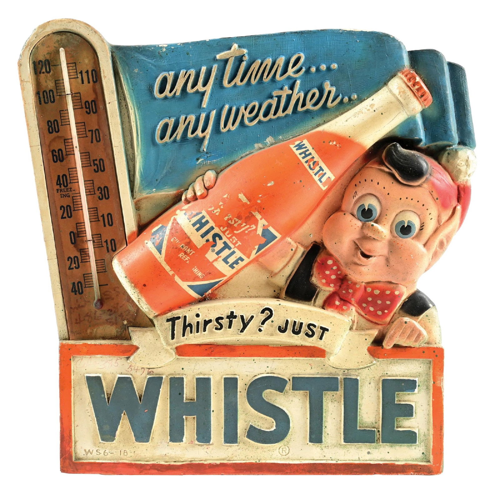 THIRSTY? JUST WHISTLE ADVERTISING CERAMIC ADVERTISING THERMOMETER (1 of 3)