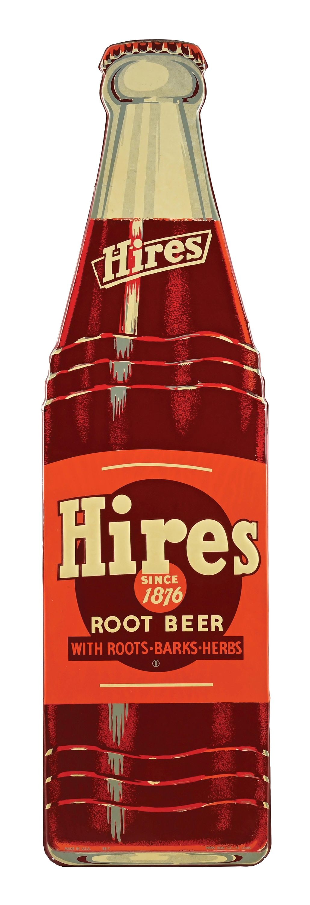 HIRES ROOT BEER EMBOSSED TIN BOTTLE SIGN: SST. This c. 1950s single-sided tin die-cut bottle sign from Hires Root Beer features the company logo and the 1876 tagline. CONDITION: The field shows good color and gloss throughout. The top of the 