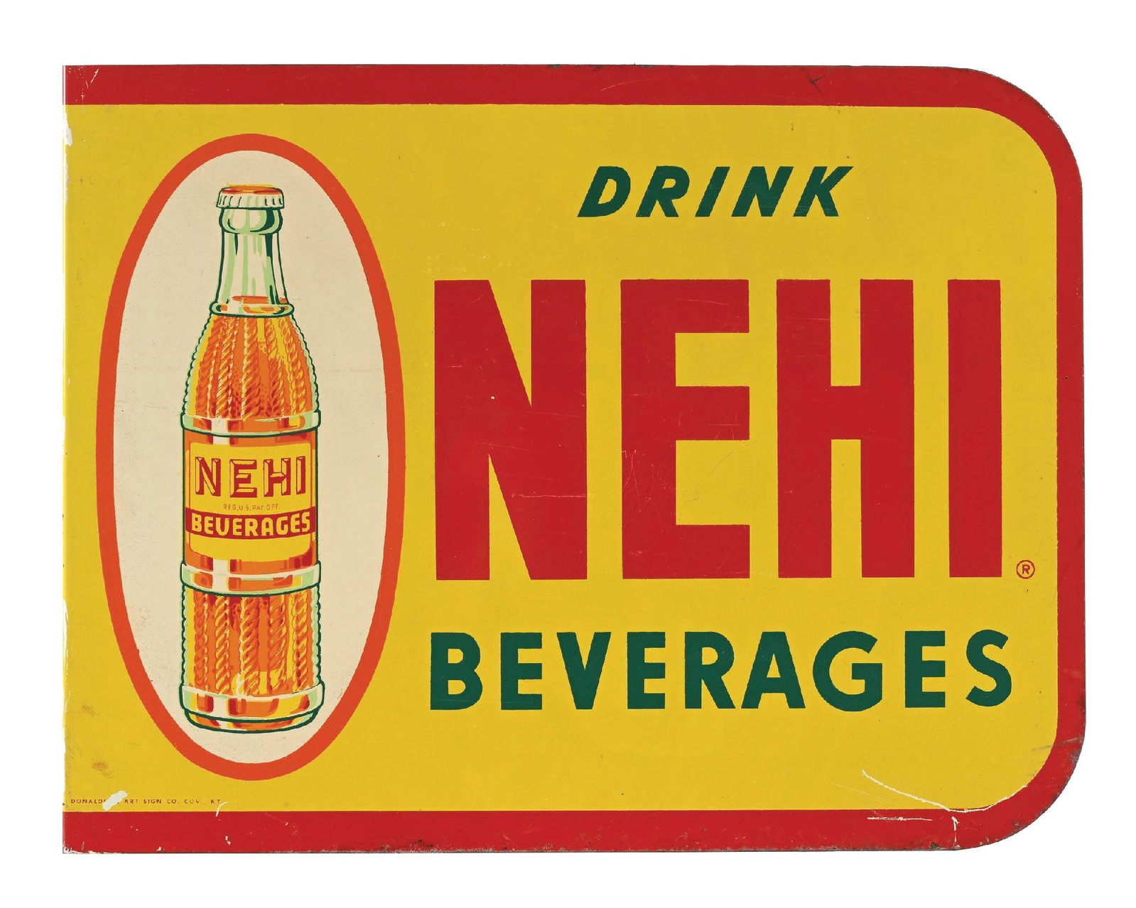 DRINK NEHI BEVERAGES PAINTED TIN FLANGE SIGN W/ BOTTLE GRAPHIC (1 of 3)